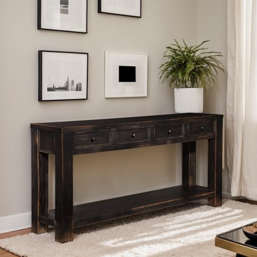 Design by Ashley Gavelston Rustic Sofa Table with 4 Drawers and Lower Shelf, Weathered Black
