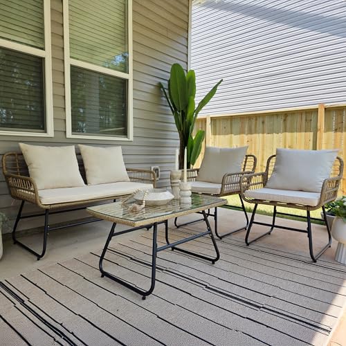 Outdoor Patio Conversation Set 4 Pieces, Wicker Furniture with Cushions & Coffee Table, Rattan Bistro Chairs with Side Table, Beige