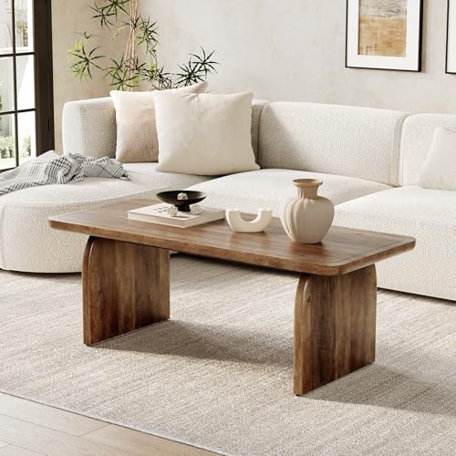 Farmhouse Coffee Table – 47" Rustic Brown Wood Center Table with Rounded Corners, Modern Rectangular Tea Table for Living Room