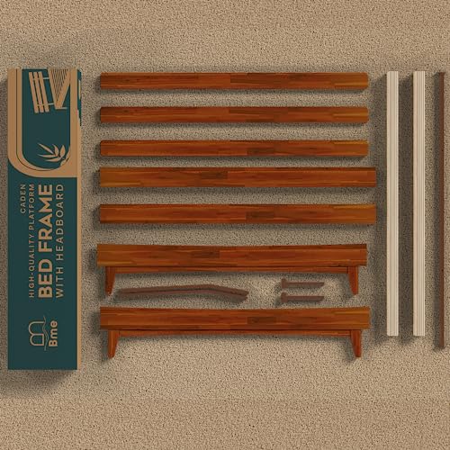 Caden 15 Inch Deluxe Bed Frame with Adjustable Headboard - Mid Century, Retro Style with Acacia Wood -  - 12 Strong Wood Slat Support -