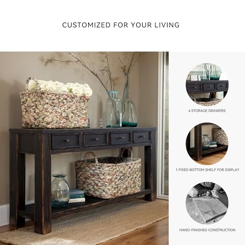 Design by Ashley Gavelston Rustic Sofa Table with 4 Drawers and Lower Shelf, Weathered Black