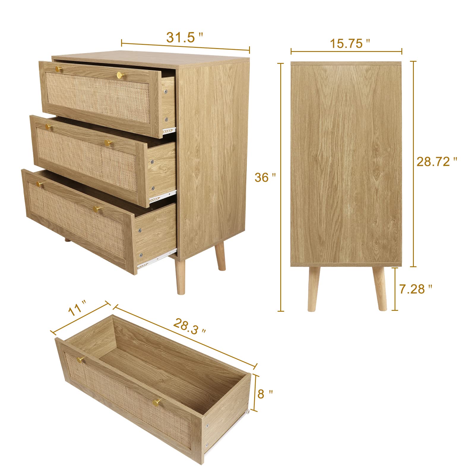 3 Drawer Dresser for Bedroom, Rattan Dresser Modern Wood Chest of Drawers with Spacious Storage for Bedroom Hallway Living Room, Rustic Oak, H0027