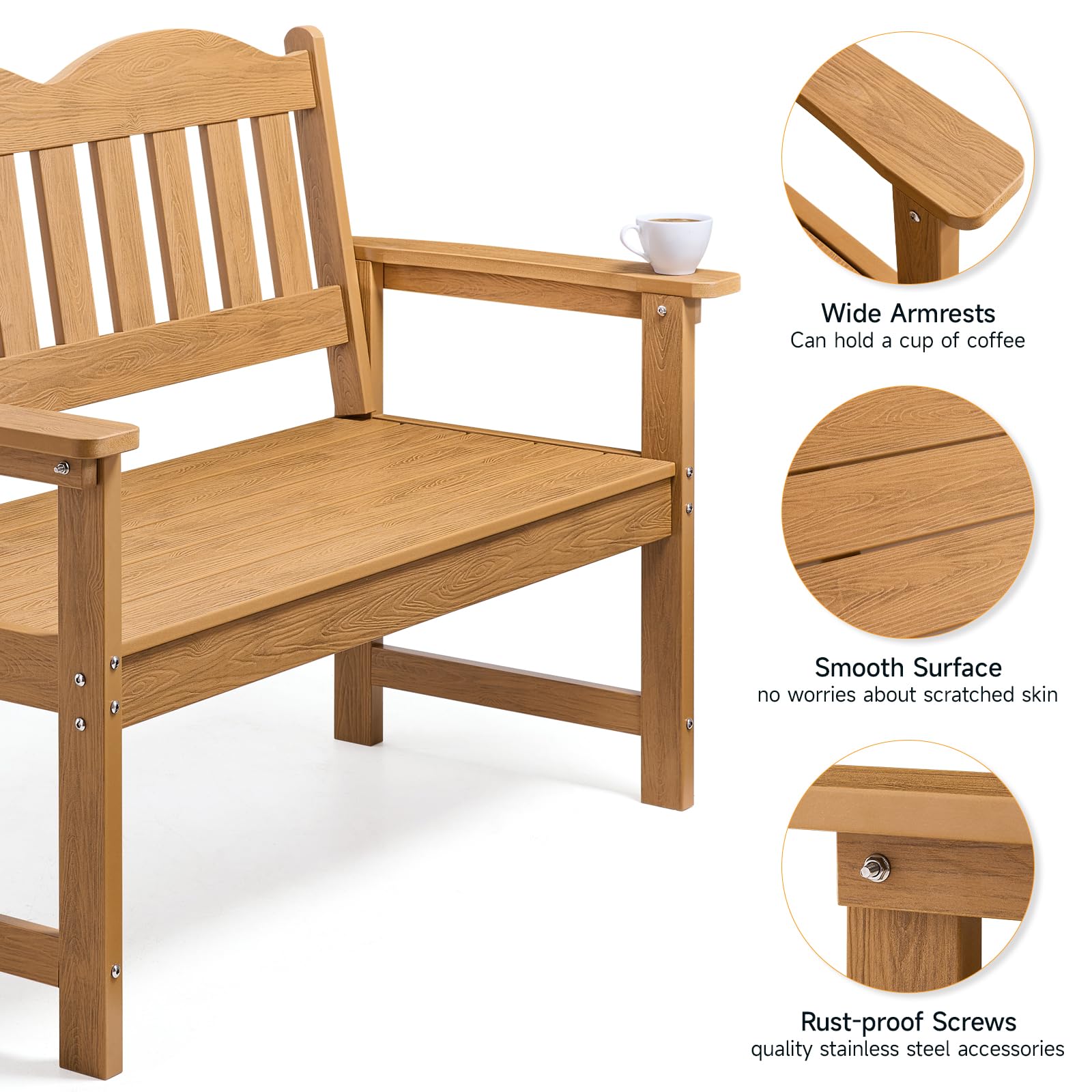 Outdoor Garden Bench, 2-Person Poly Lumber Patio Bench with Armrests, 800 lbs Capacity, All-Weather for Porch, Backyard, Park, Teak