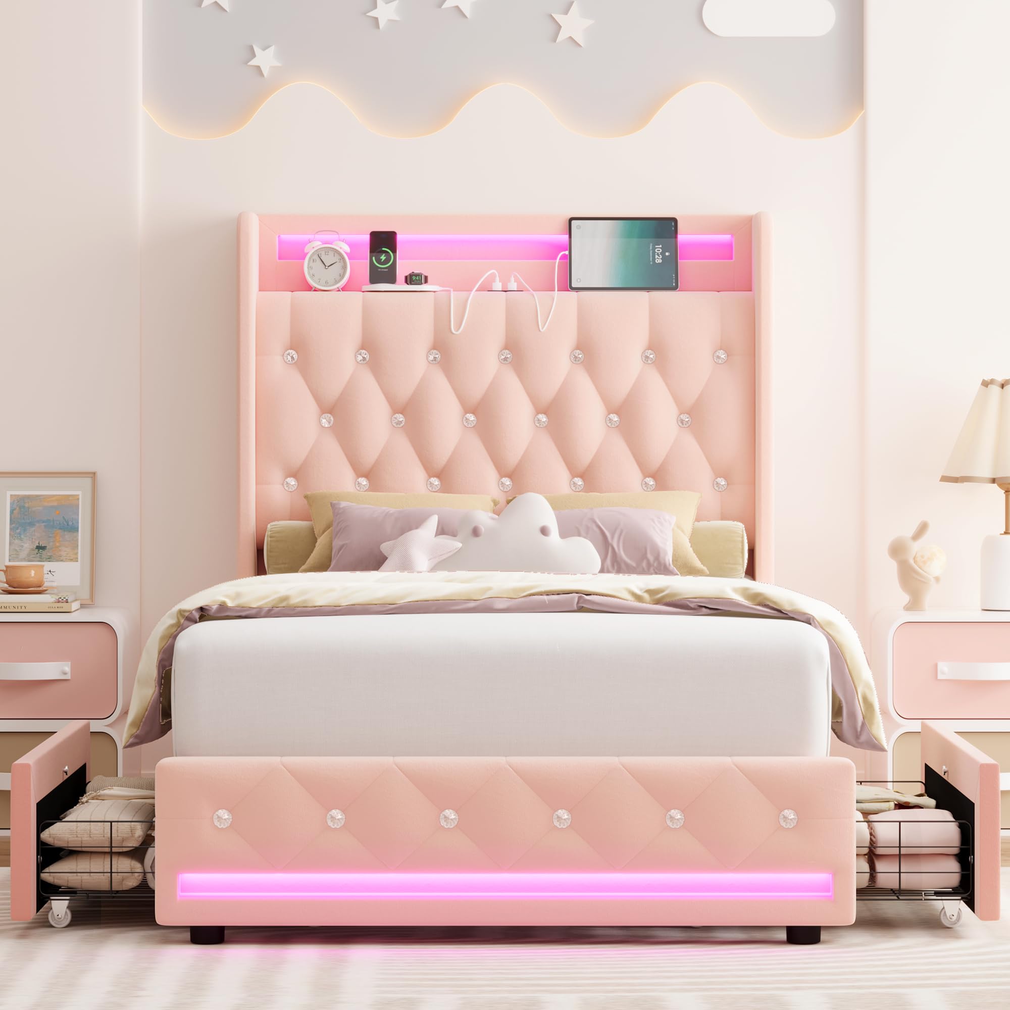 Upholstered Twin LED Bed Frame with Charging Headboard & 4 Drawers, Velvet Tufted Princess Bed for Girls, No Box Spring Needed, Pink