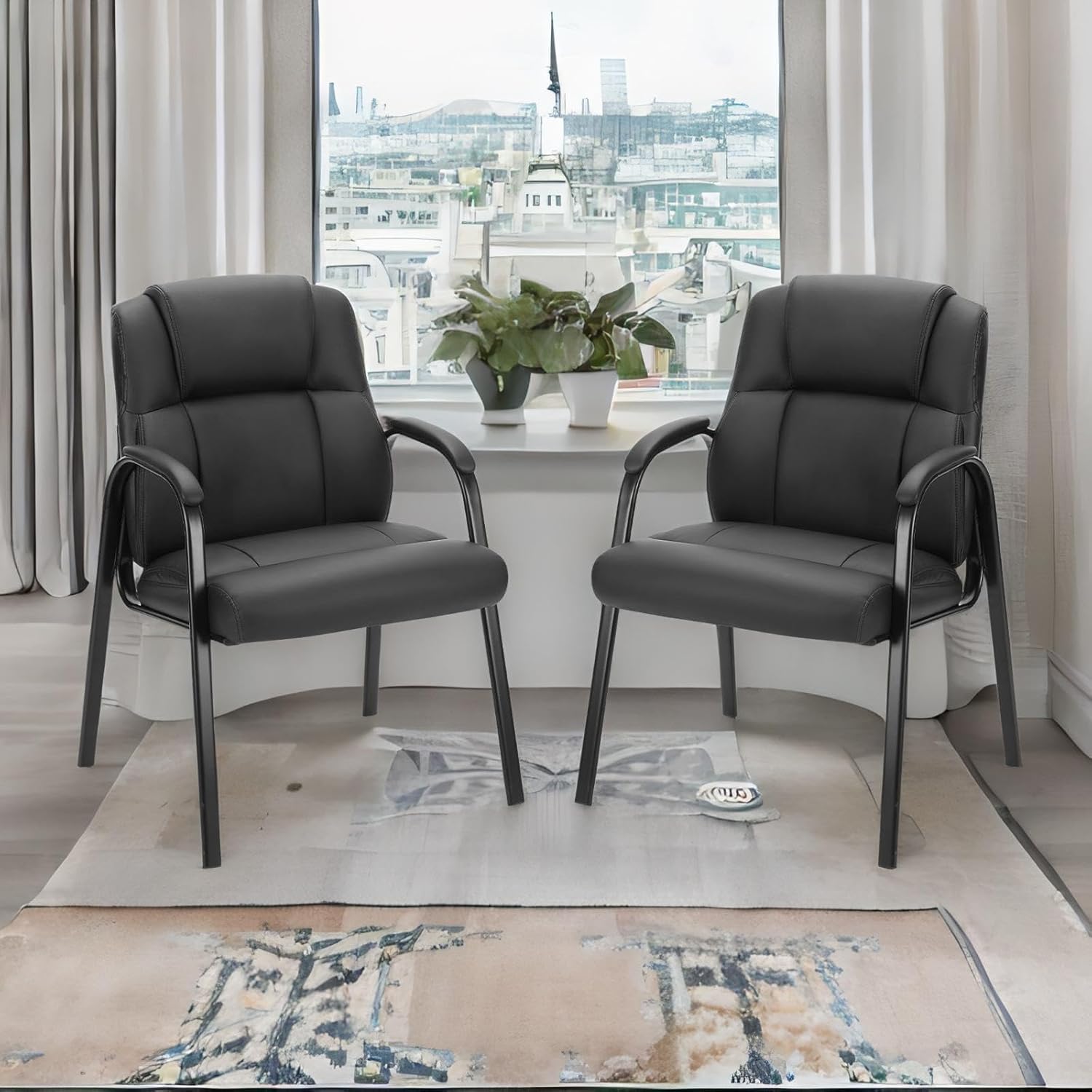 Waiting Room Office Guest Chairs Set of 2, PU Leather Big and Tall No Wheels Executive Office Chair with Padded Arms for Reception Conference Room Lobby