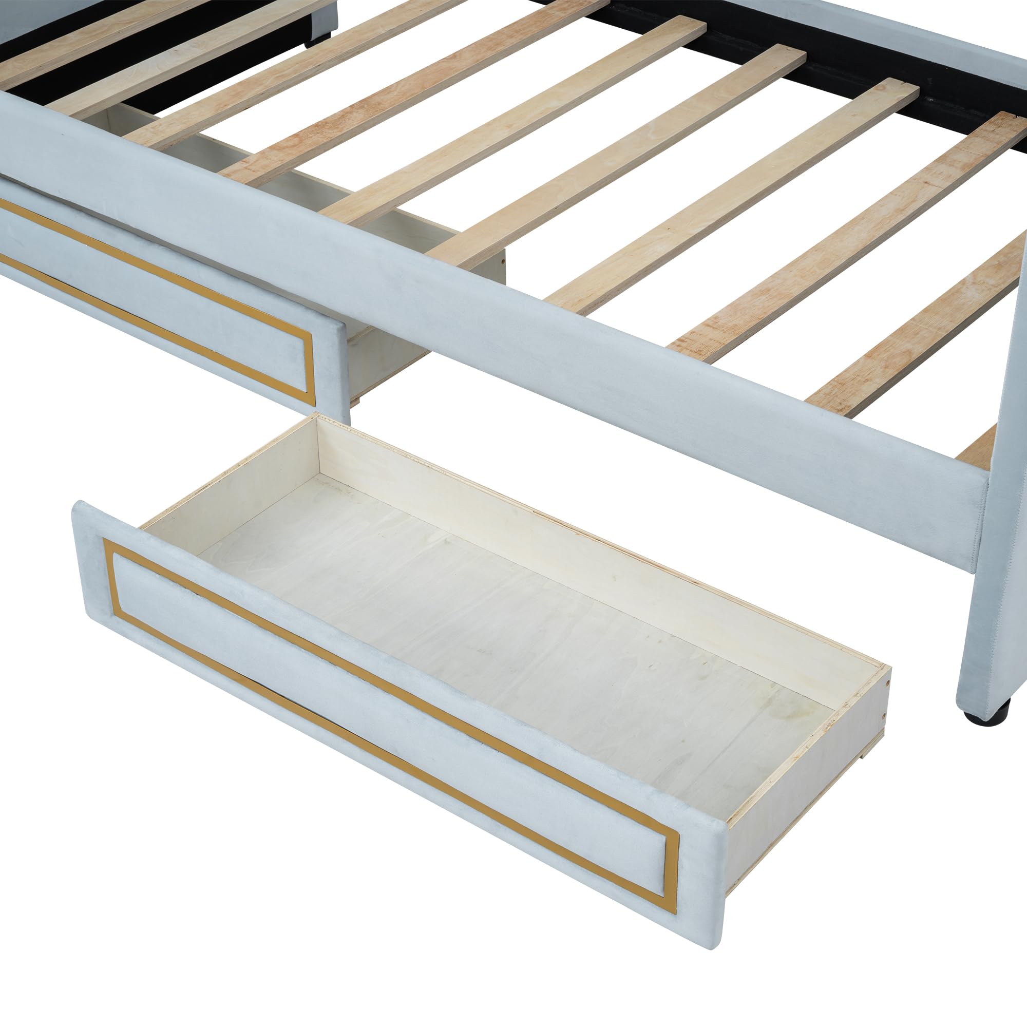 Twin Size Upholstered Daybed with Storage Drawers, Trundle Bed with Metal Border, Backrest & Armrest, Wood Slat Support, Blue