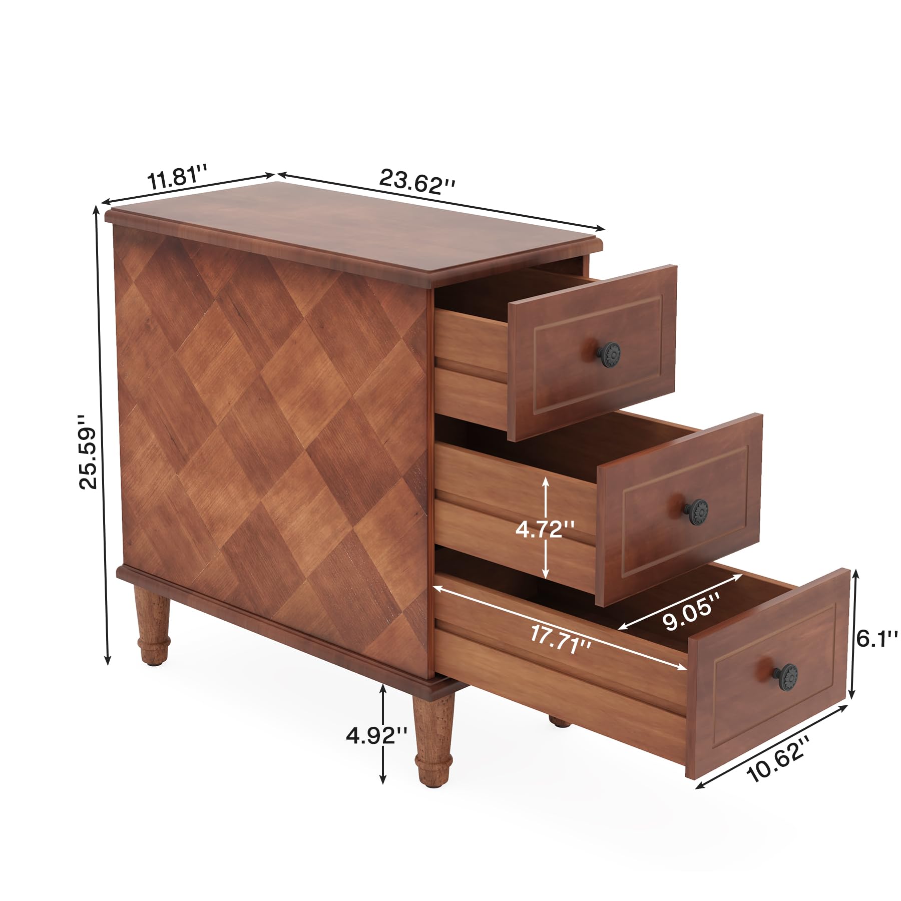 Solid Wood End Table, Fully Assembled Slim Side Table with Drawers, Narrow Nightstand for Small Spaces, Bedroom, Living Room, Brown