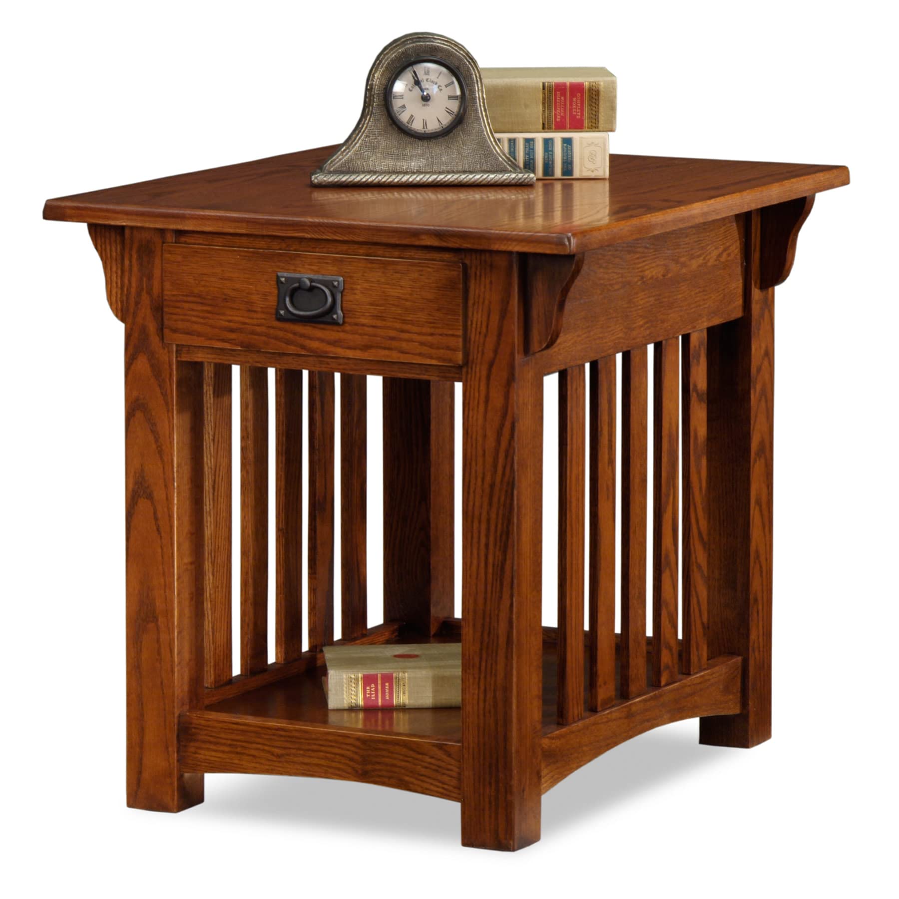 Mission End Table, Solid Wood with Drawer & Bottom Shelf, Slatted Sides, Easy Assembly, Medium Oak, 25"W x 22"L x 23"H, Model 8207