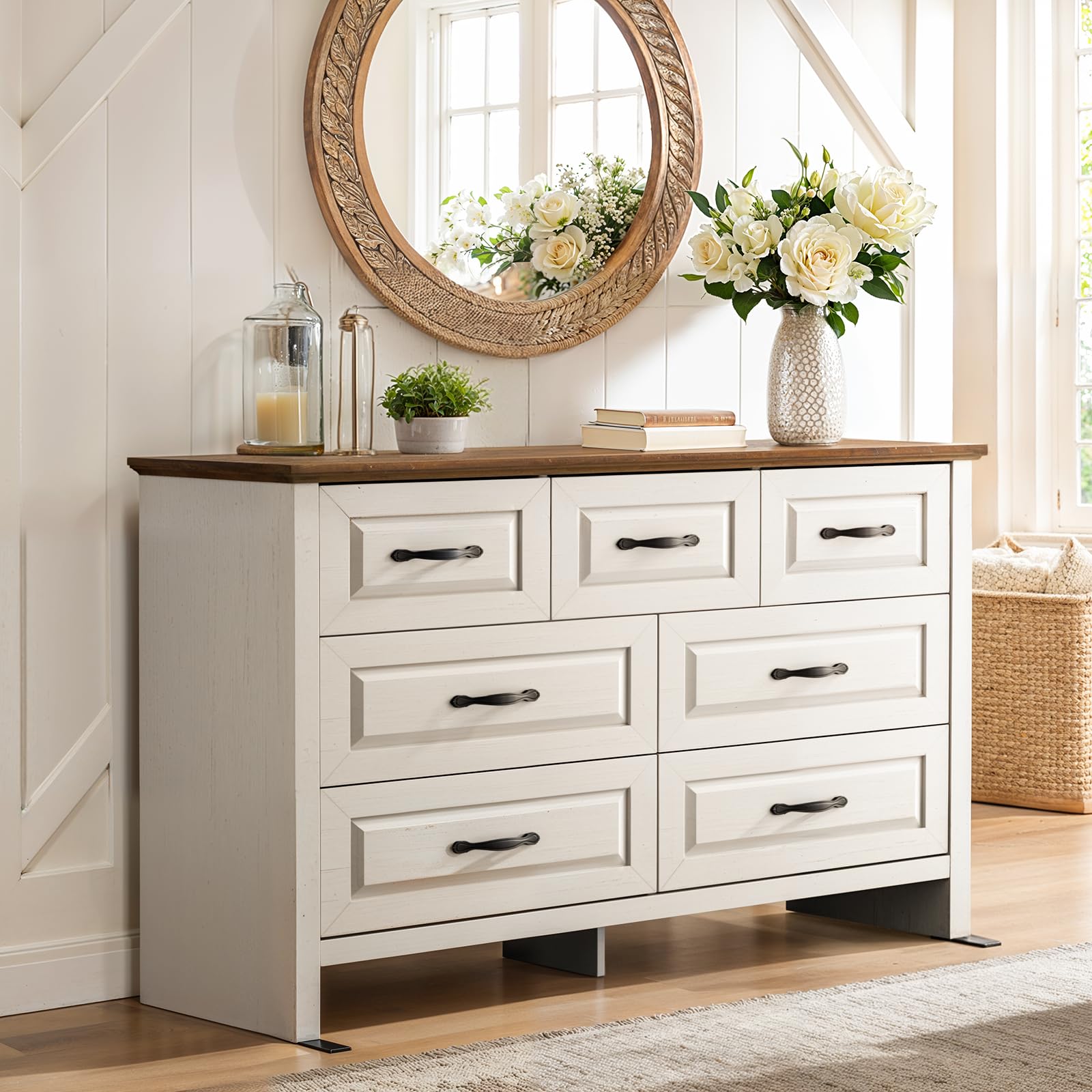 Farmhouse 7-Drawer Dresser for Bedroom, 47.2" Wide Wood Chest with Natural Texture & Large Drawers for Living Room, Hallway, Brown & White