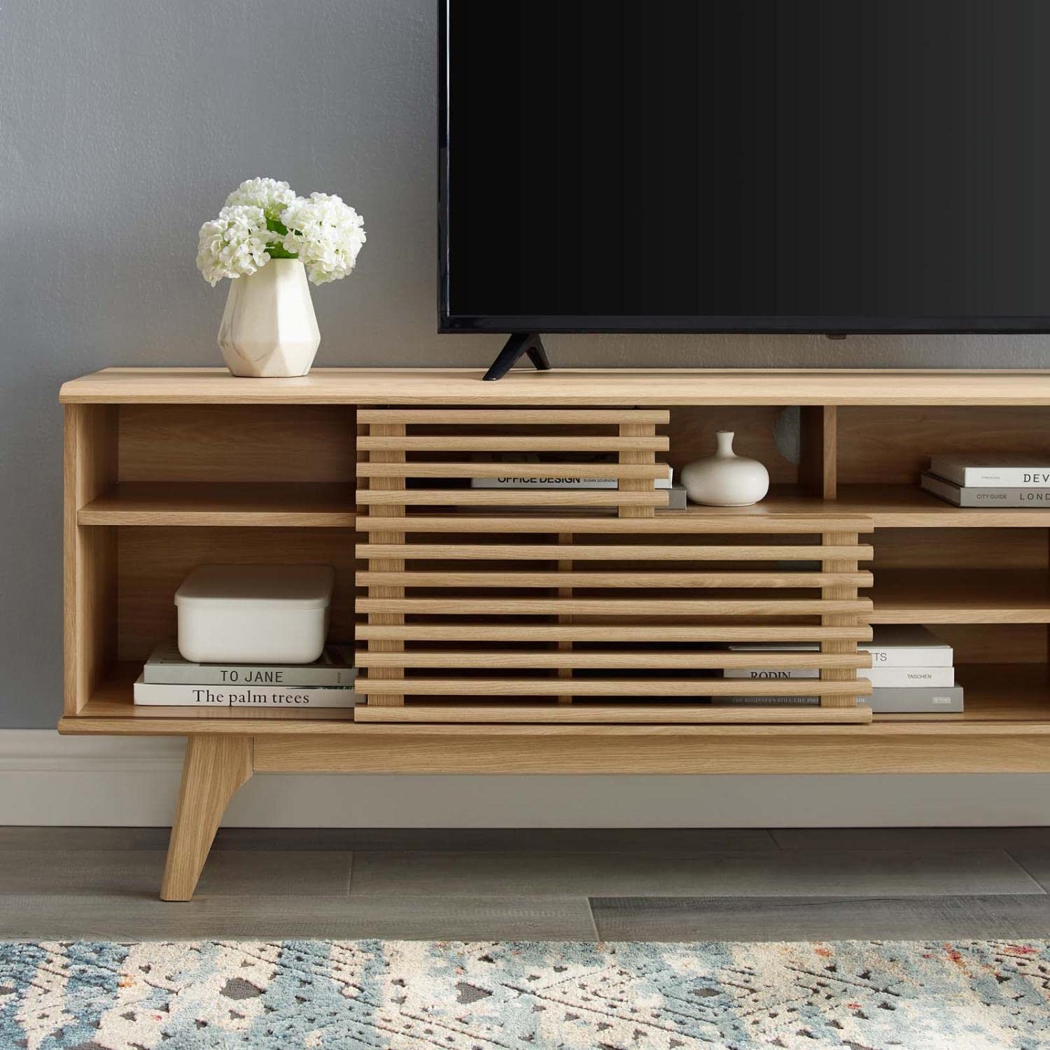 Render Mid-Century Modern Low Profile 71 Inch Media Console TV Stand in Oak, 71