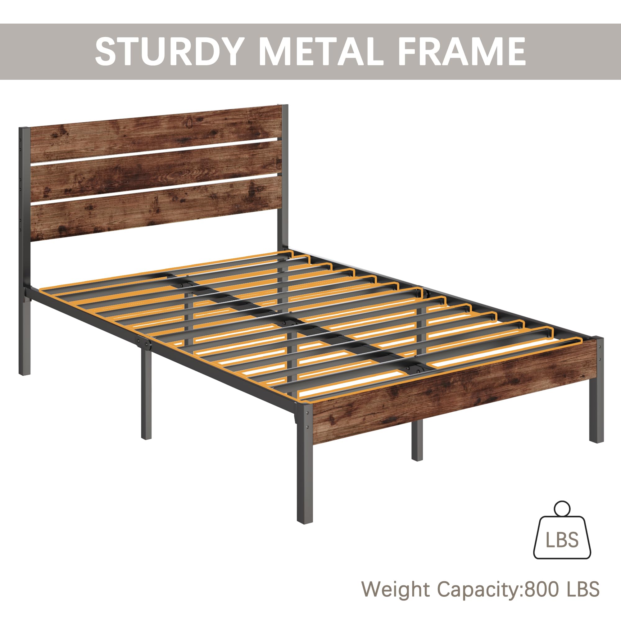 Full Bed Frame with Headboard and Footboard, Metal Full Bed Frame with Under Bed Storage, All-Metal Support System, , ,Rustic Brown
