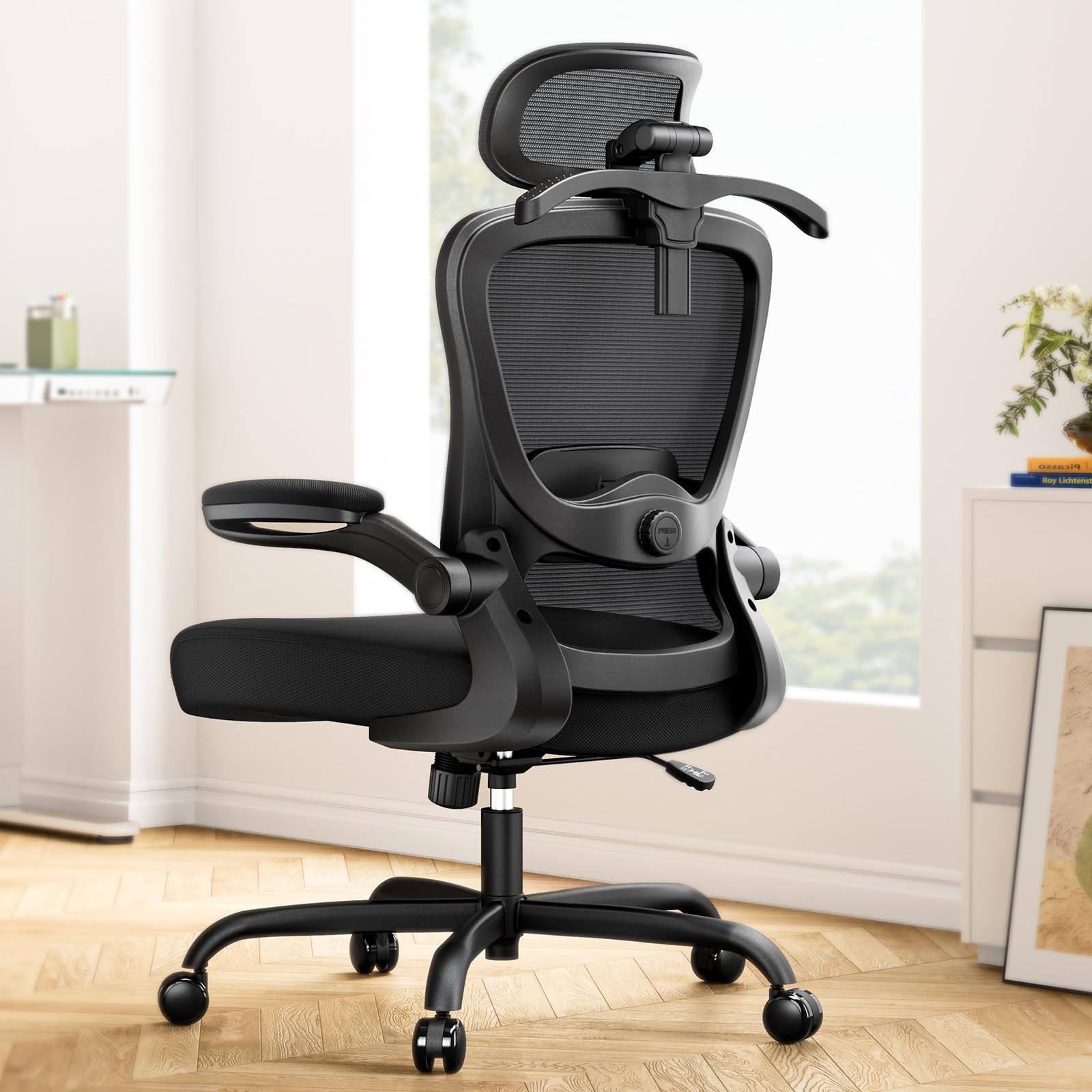 Ergonomic Office Chair: Ergonomic Gaming Chair with 3D Headrest, 3D Lumbar Support, Flip-up Armrests, High Back Adjustable Desk Chair with 90-120° Tilt Lock, Thick Cushion (Black)