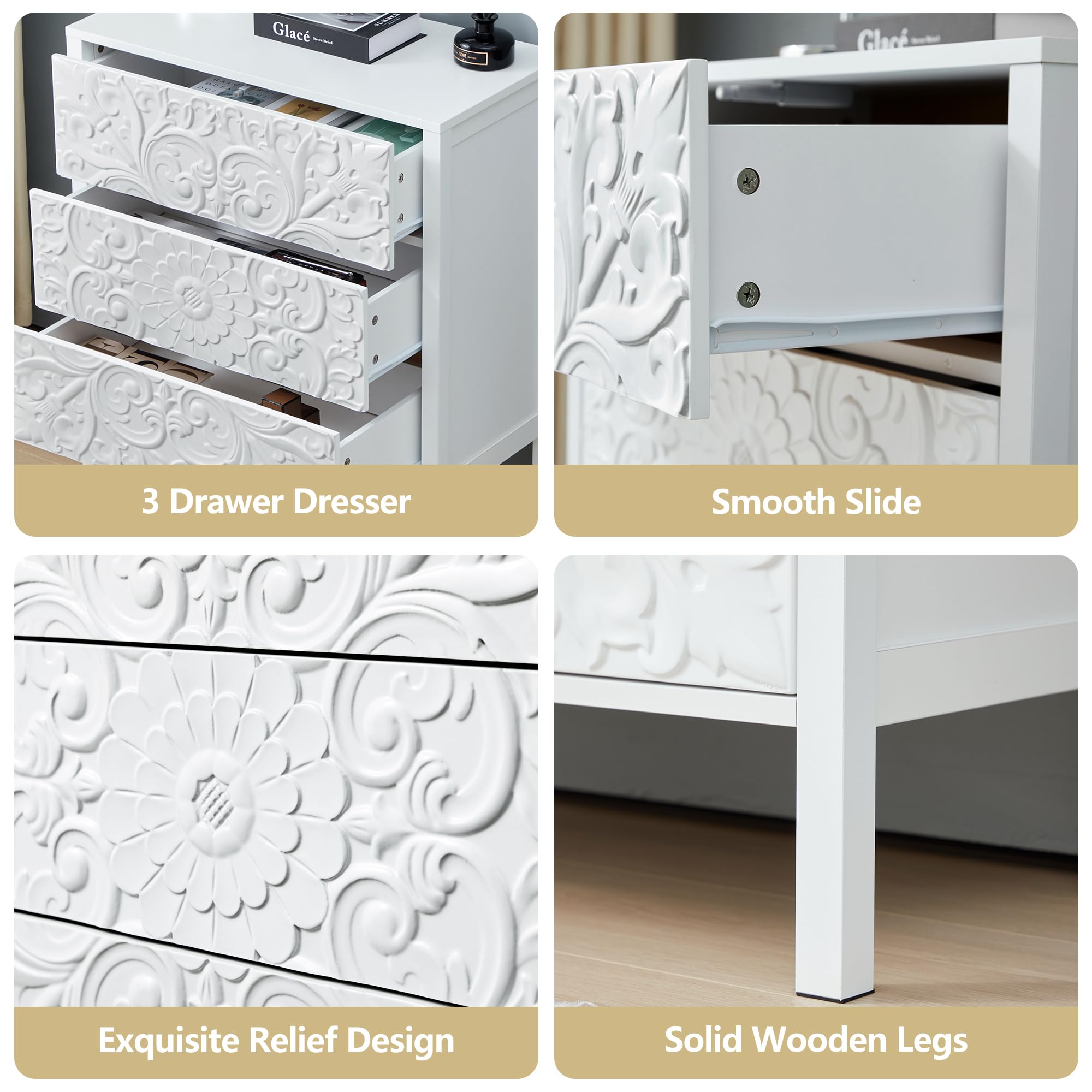 White 3 Drawer Dresser, Wide Chest of Drawers with Storage, Accent Nightstand Cabinet Luxury Carving Dresser for Bedroom Hallway Living Room Entryway Office