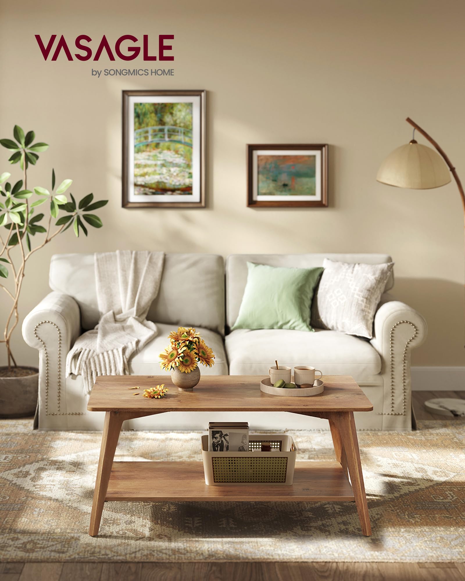 Tier Coffee Table with Storage, Rounded Corners, Easy Assembly, 21.7"x39.4", Center Table for Living Room, Honey Brown