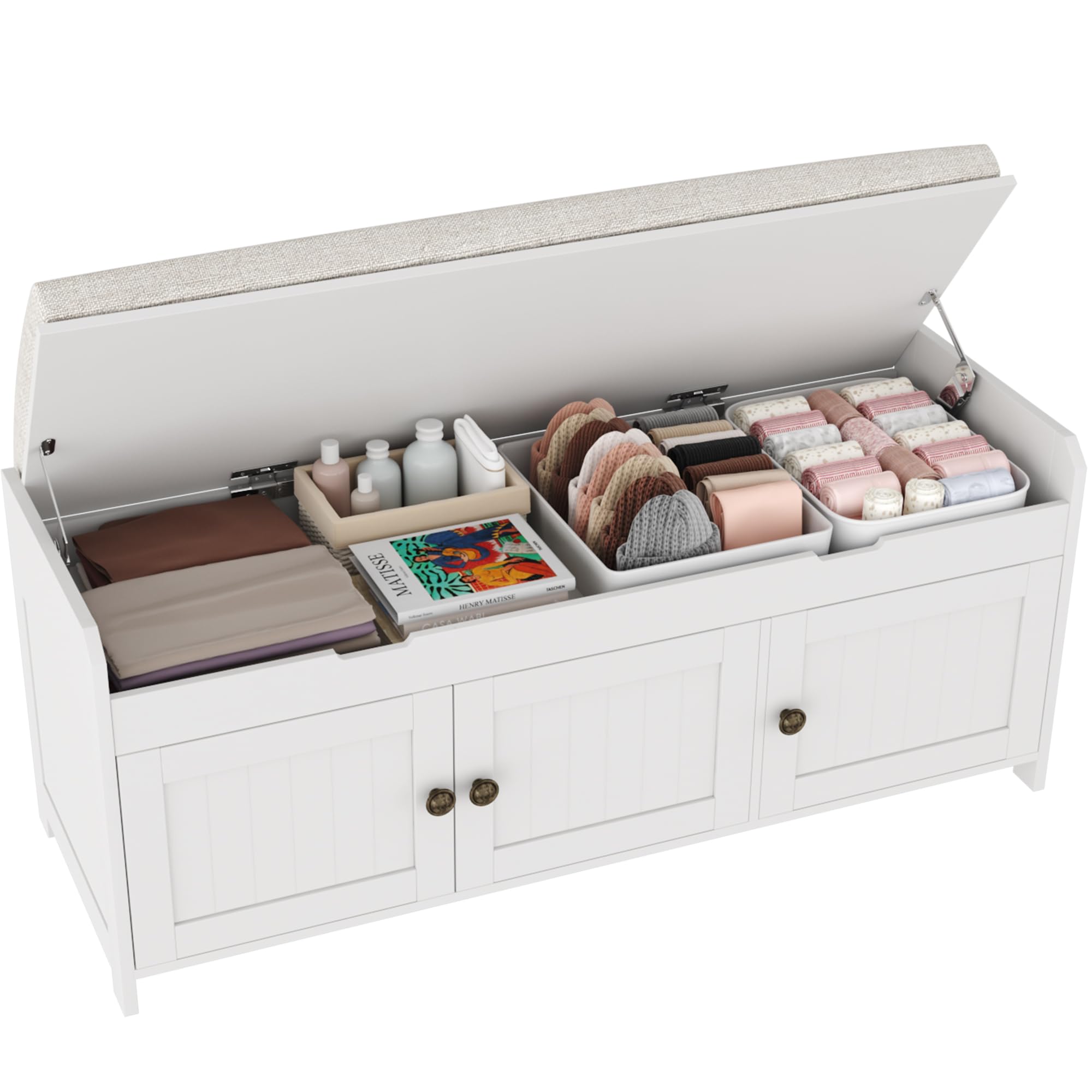 41.3" Shoe Bench with Lift-Top Storage, Cushioned Entryway Bench, Hidden Storage Cabinet for Bedroom, Hallway, End of Bed, White