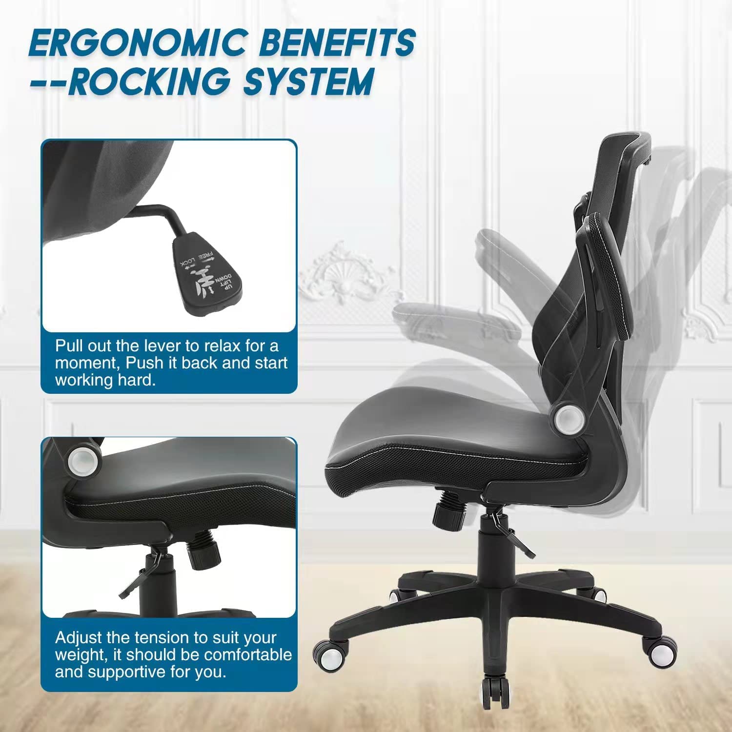 Chair Ergonomic Desk Chair, Computer PU Leather Home Office Chair, Swivel Mesh Back Adjustable Lumbar Support Flip-up Arms Executive Task Chair