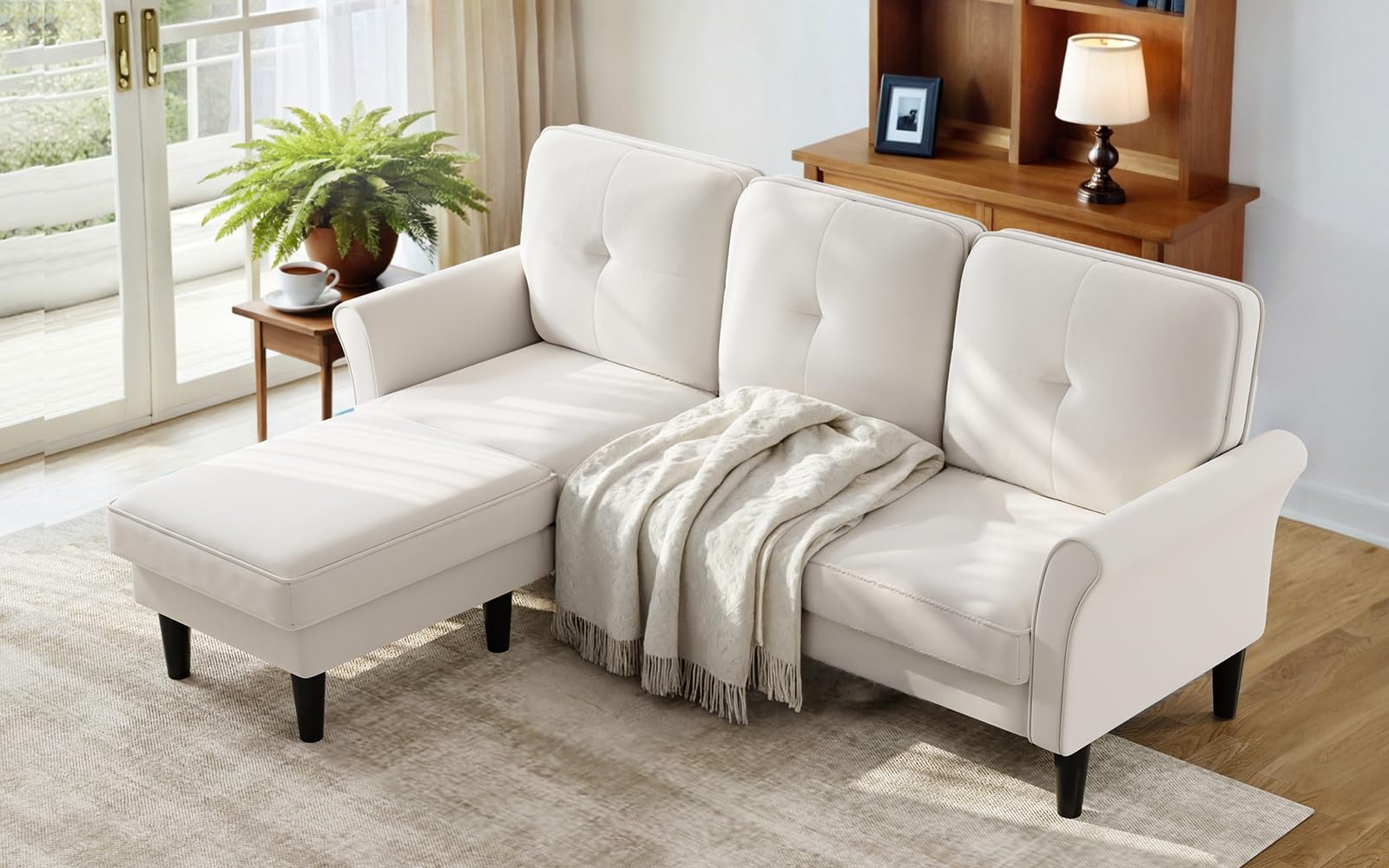 83" Velvet Sectional Couch, Modern 3-Seater L-Shaped Sofa with Ottoman, Small Sofa for Living Room, Bedroom, Apartment, Office, Beige