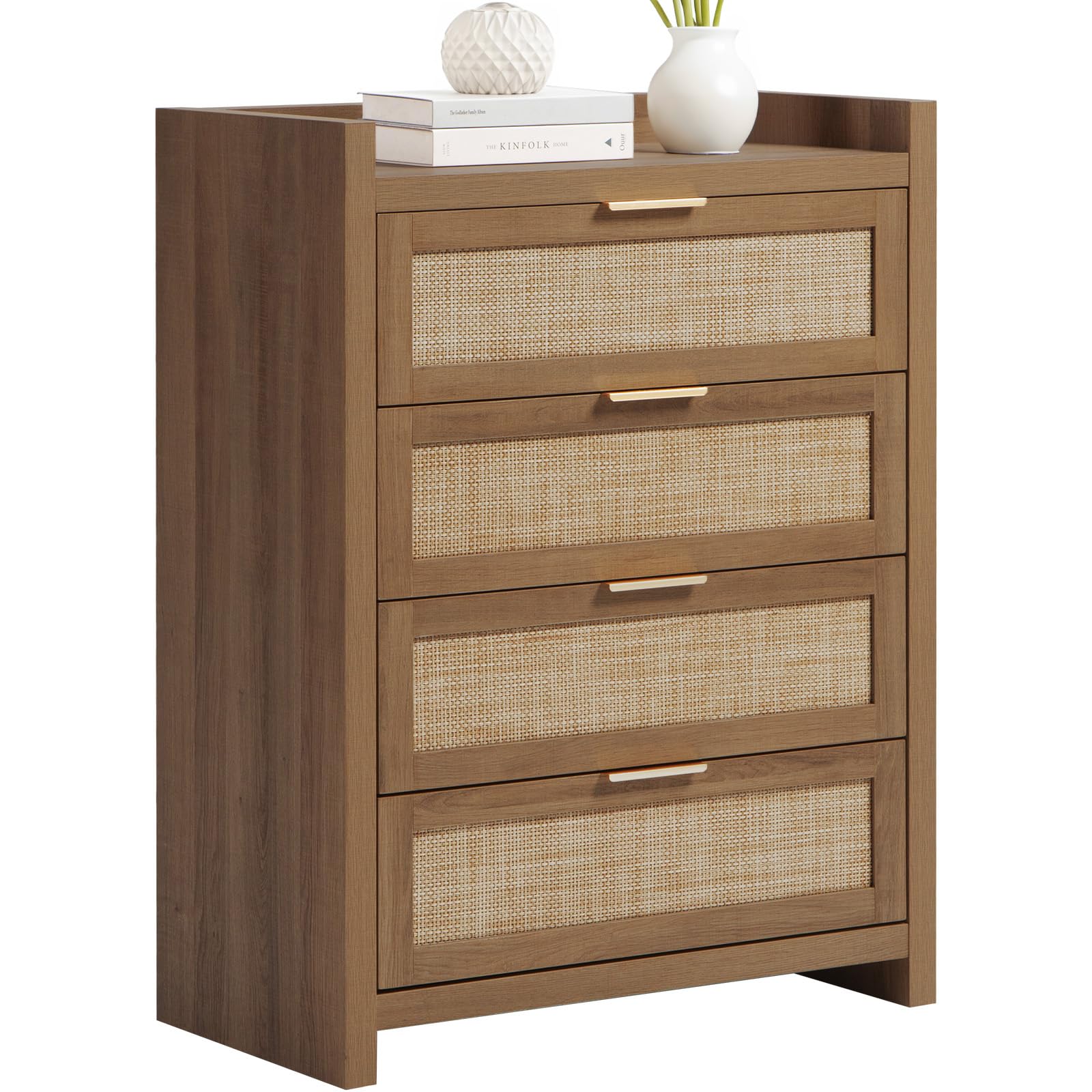 38" Tall Dresser for Bedroom, Boho Chest with 4 Rattan Drawers, Large Clothes Storage Cabinet for Closet, Entryway, Nursery, Living Room
