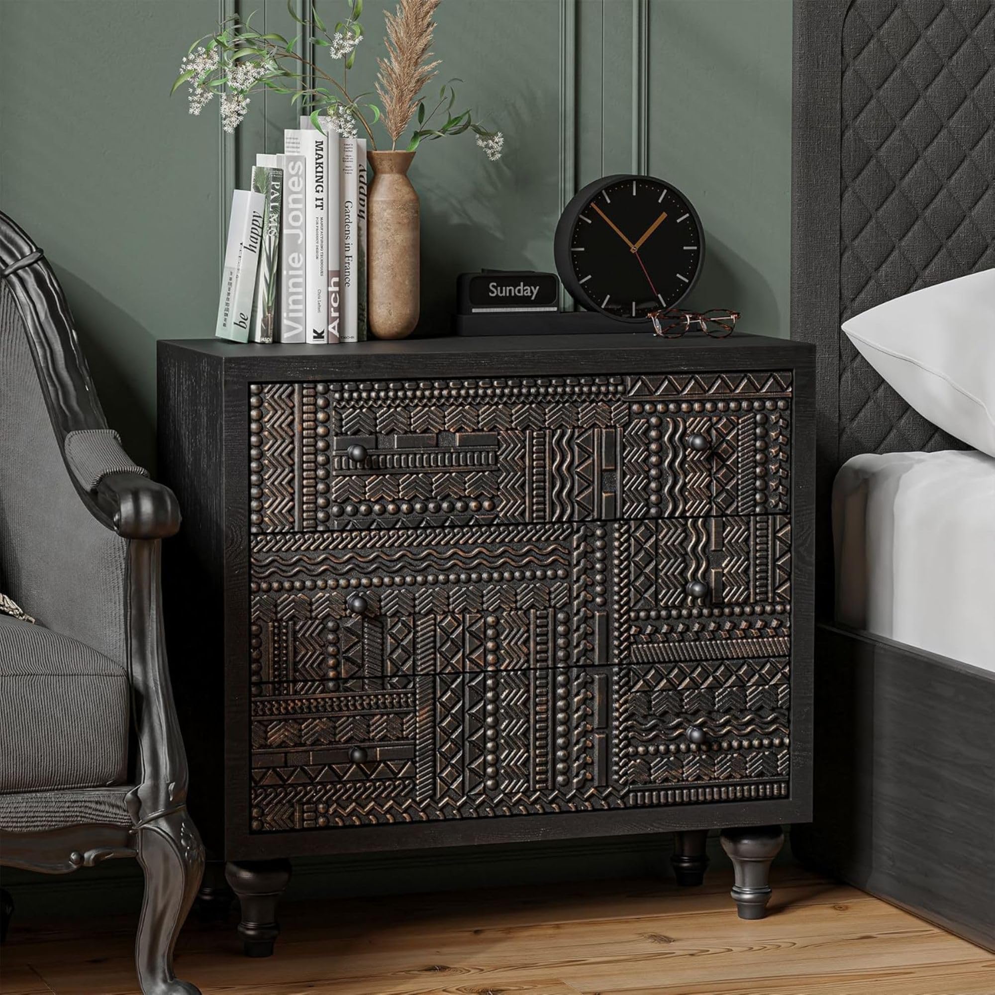 3-Drawer Farmhouse Dresser with Geometric Carved Design, Vintage Wood Storage Chest for Bedroom, Living Room, Boho Style, Black, Assembled