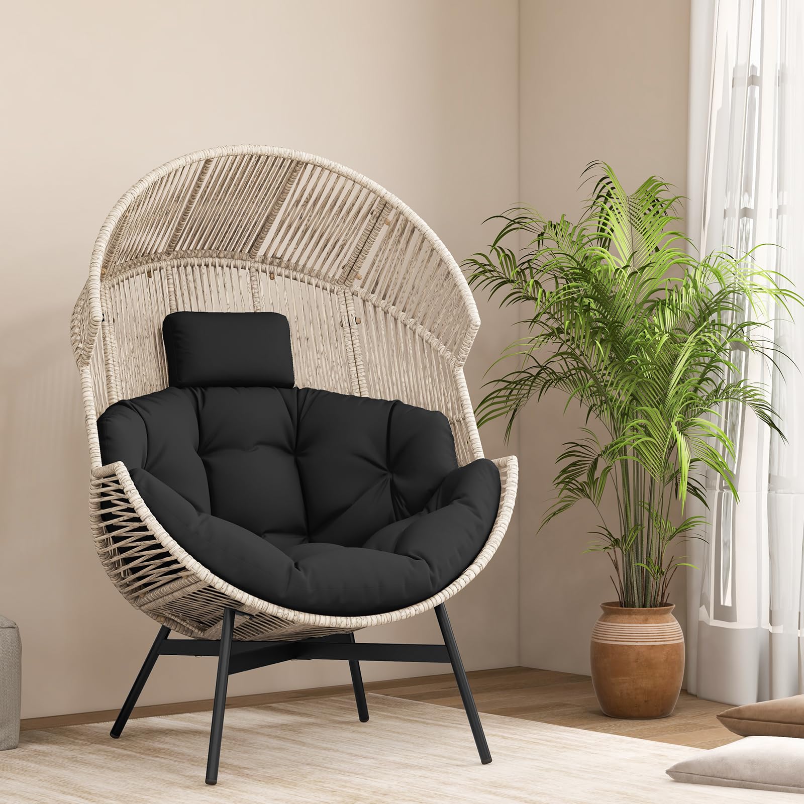 Oversized Wicker Egg Chair with Cushions & Headrest, Stationary Patio Basket Lounge Chair, Heavy-Duty Frame for Porch, Yard, Living Room