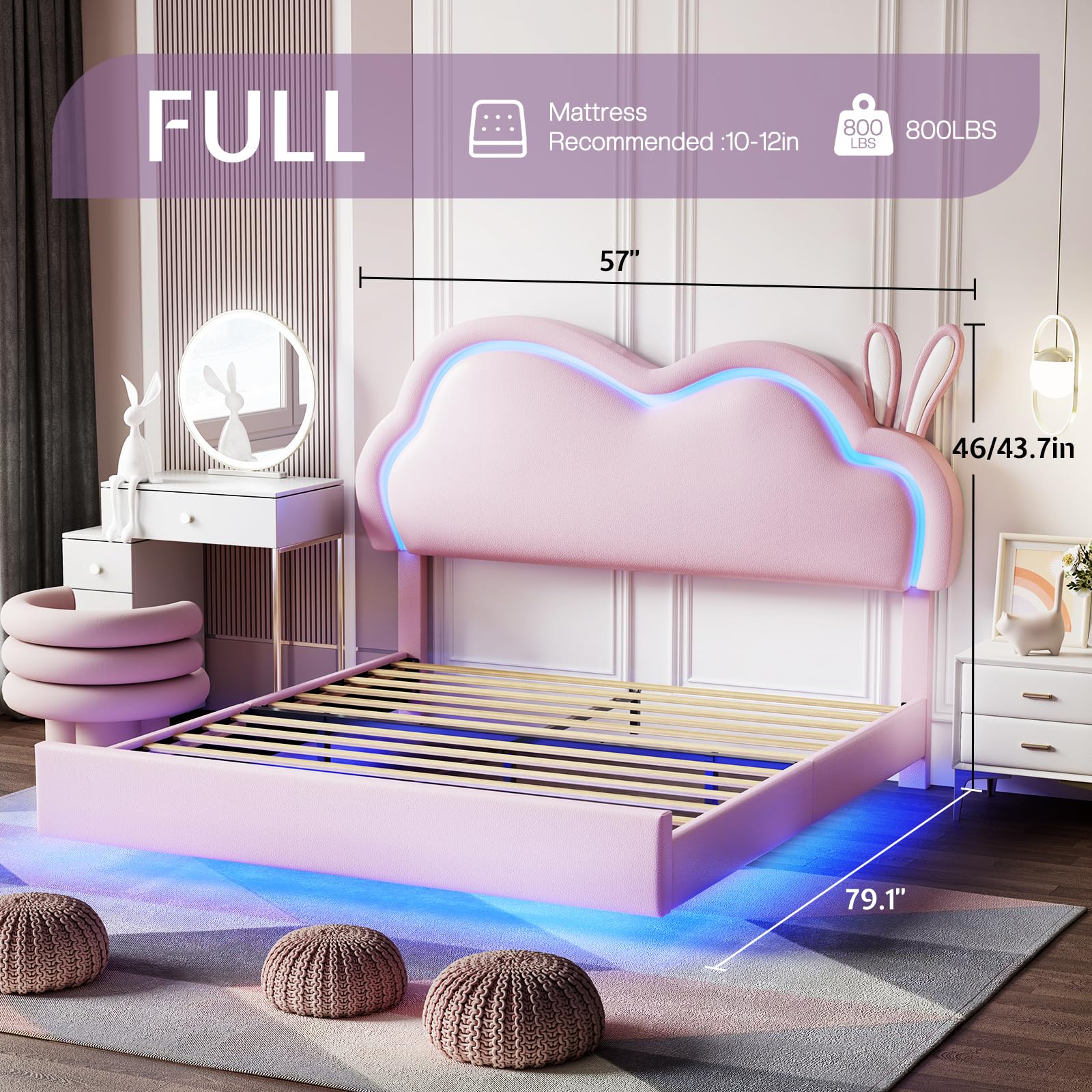 LED Full Bed Frame for Girls Upholstered Floating Bed with Cute Cloud Headboard, No Box Spring Needed, Leather, Pink