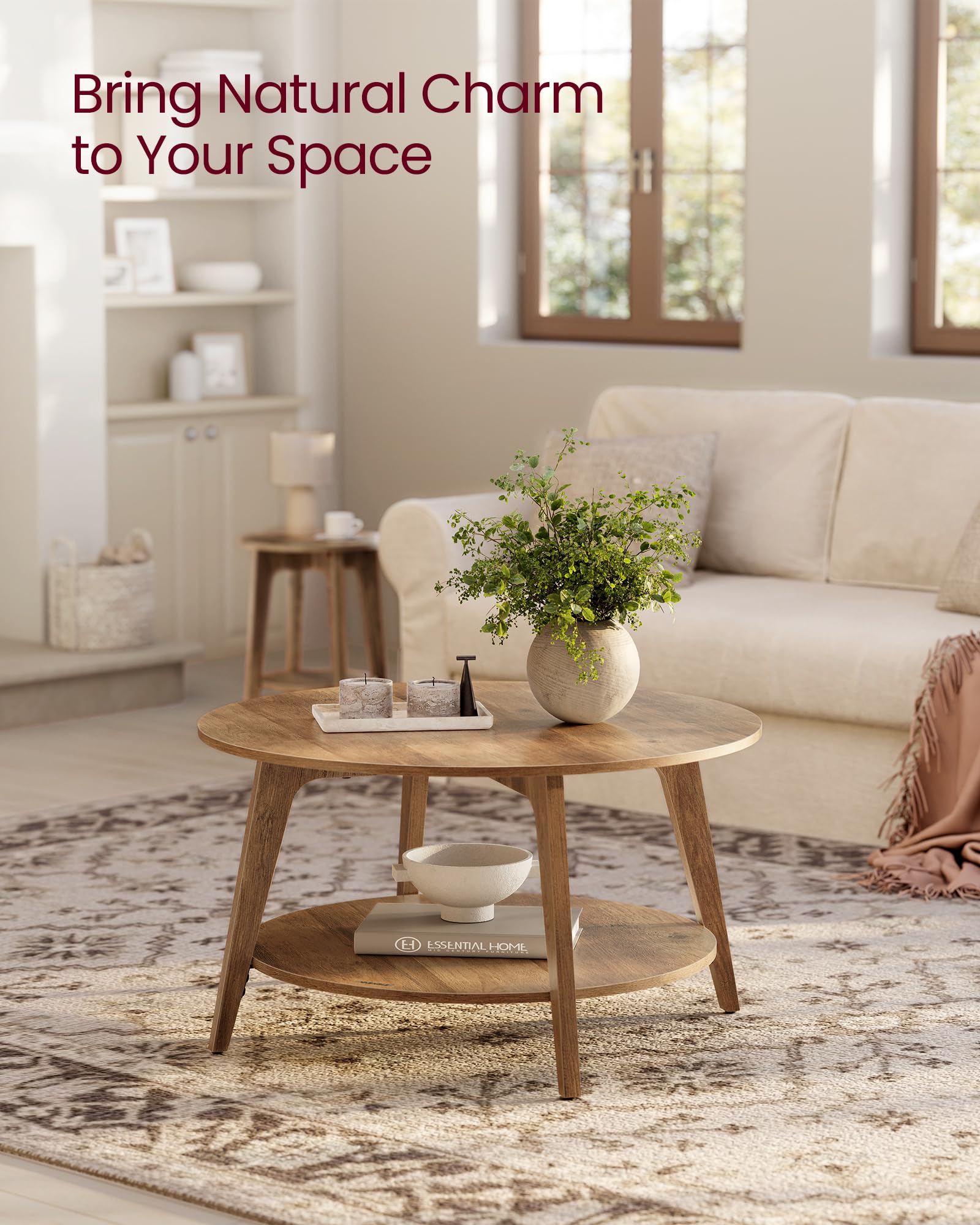 Round Coffee Table, 2 Tier Coffee Table with Storage, for Living Room, 31.5 x 17.7 Inches, Easy to Assemble, Honey Brown ULCT243K41