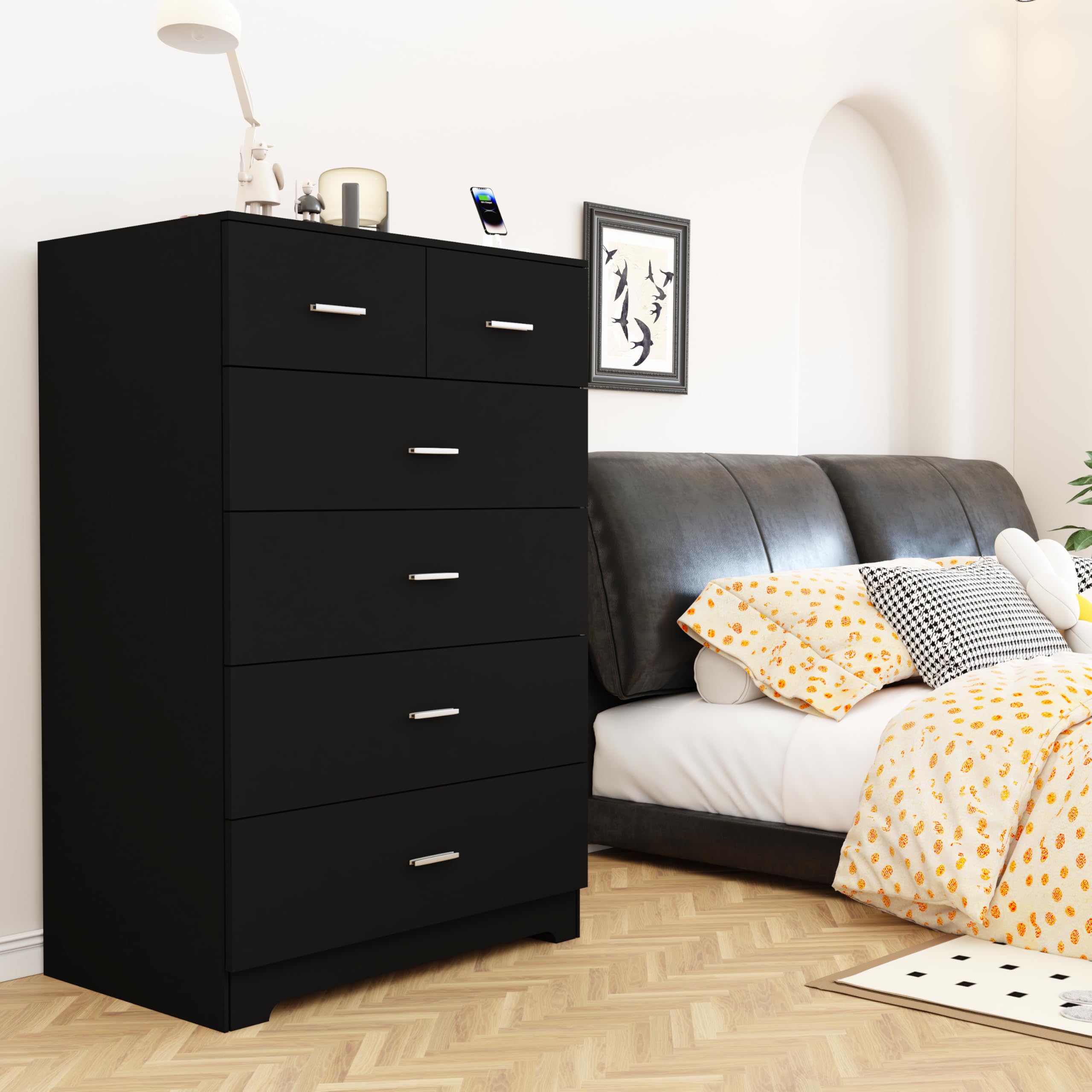 6-Drawer Wooden Dresser with Power Outlets, Black Tall Storage Organizer, Smooth Metal Rails, Modern Chest for Bedroom & Hallway