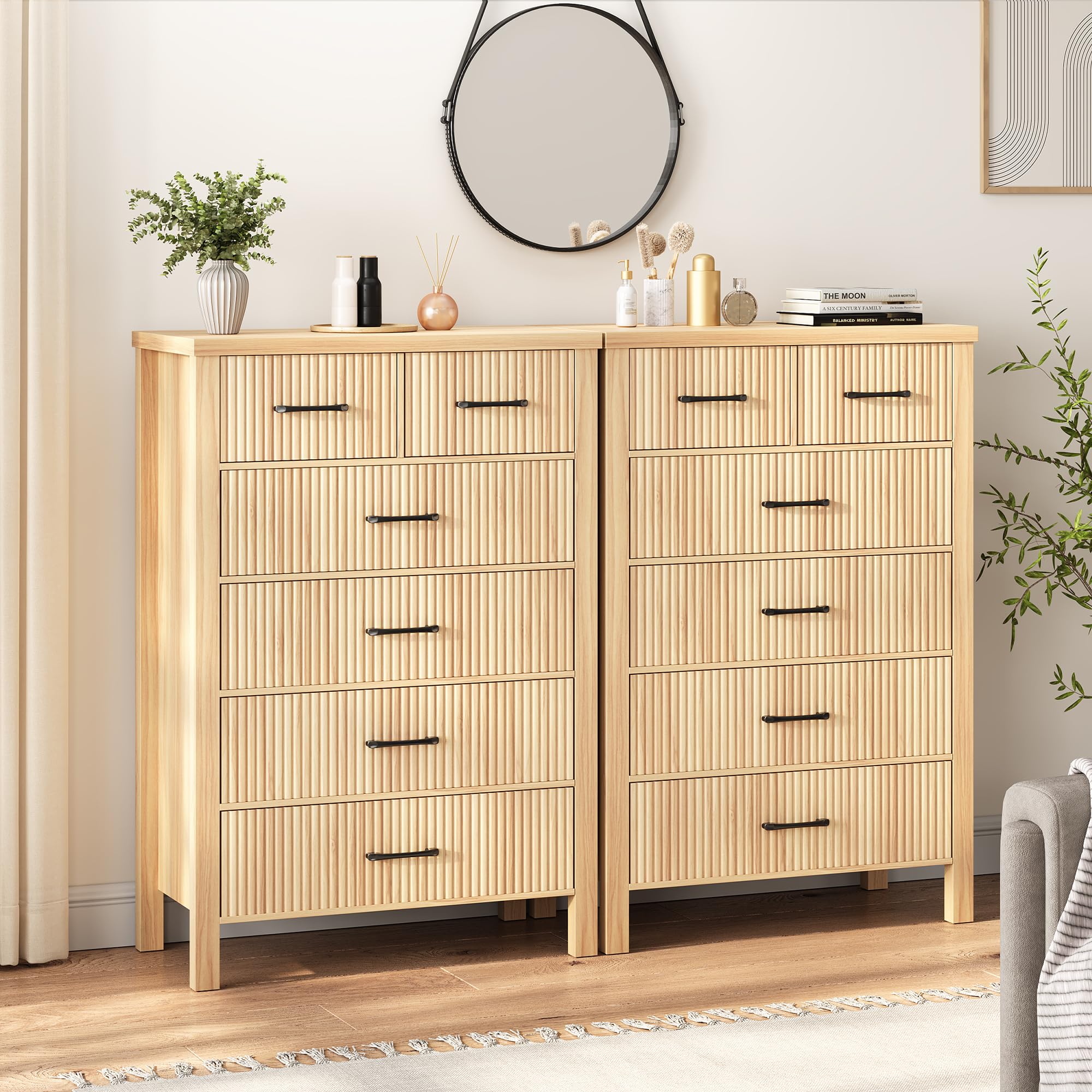 Fluted 6 Drawers Dresser for Bedroom, Tall Boho Chest of Drawers with Metal Handle, Wooden Closet Clothes Storage Organizer for Living Room, Hallway (Natural Oak)