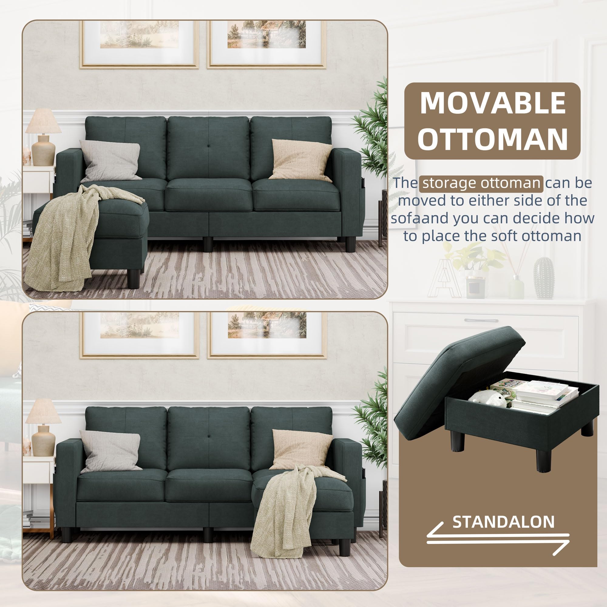 Convertible Sectional Couch, 3-Seat L-Shaped Sofa with Movable Ottoman, Polyester Fabric Sofa for Living Room, Apartment, Office, Dark Green