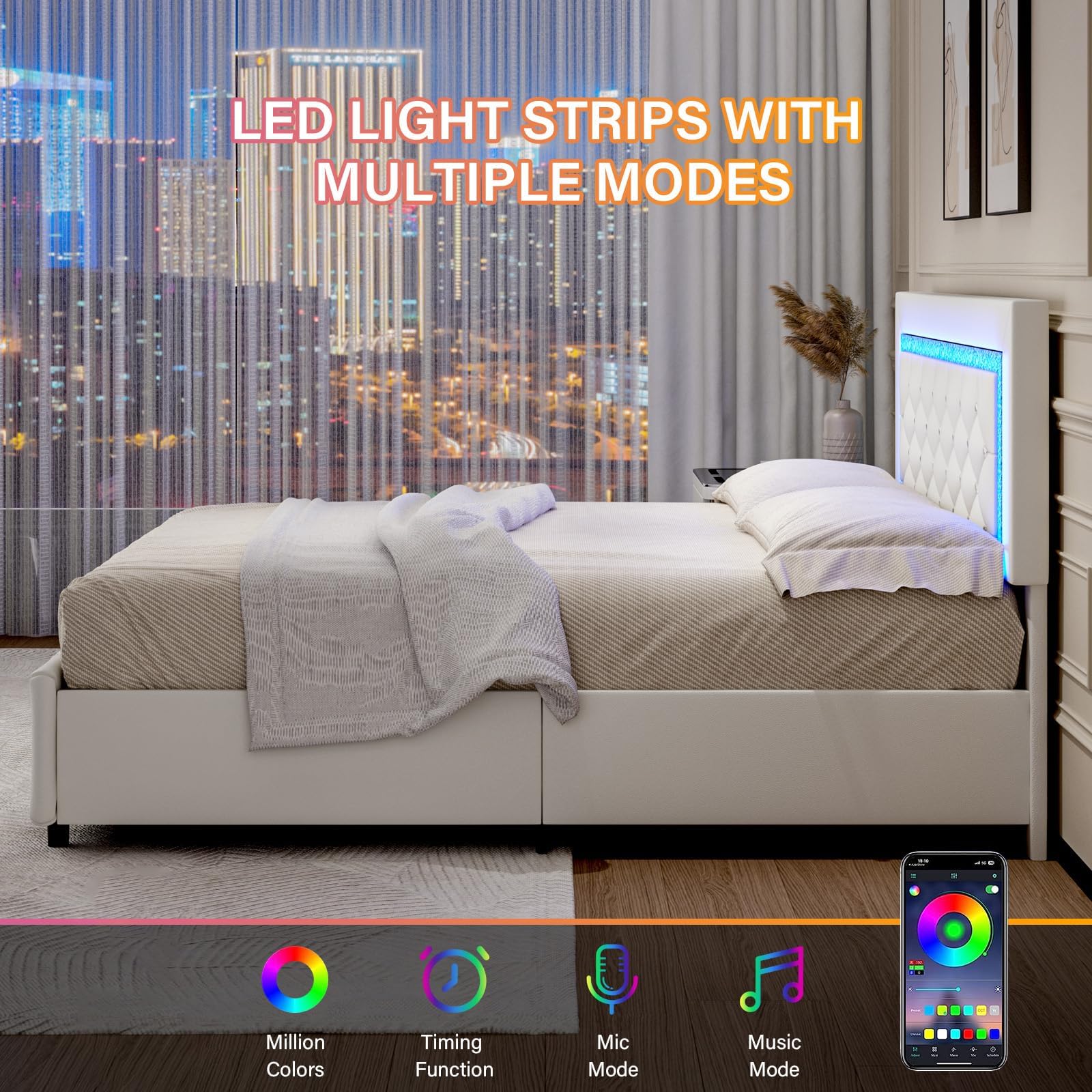 Twin Upholstered Bed Frame with LED Lights, Storage Drawers, Crystal Tufted Headboard, Princess Style, No Box Spring – White