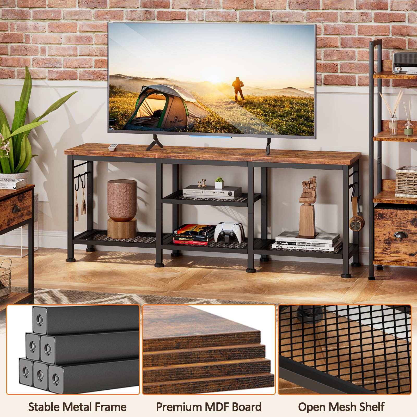 TV Stand for TVs up to 55", Entertainment Center with Open Storage Shelves & Soundbar Shelf, Media Console Table for Living Room, Bedroom, Rustic Brown