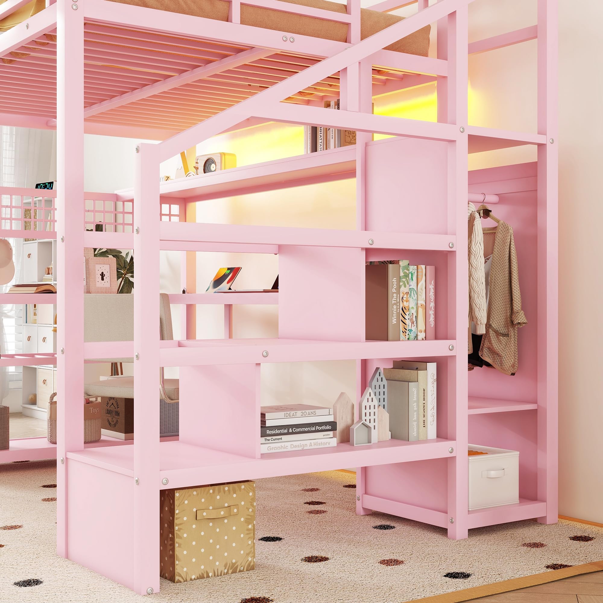 Full Size Metal Loft Bed with LED, Desk, Drawers, Shelves, Hanging Rod & Charging Station – Gaming Loft Bed for Teens/Kids, Pink