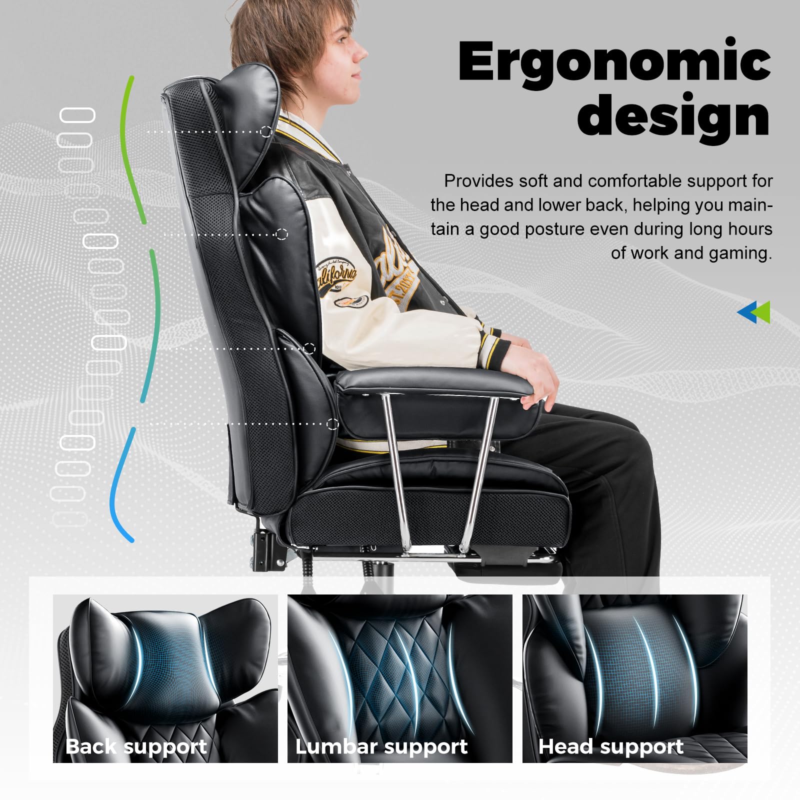 Big and Tall Office Chair, High Back Leather Gaming Chair with Footrest, Ergonomic Executive Chair with Lumbar Support & Soft Armrests