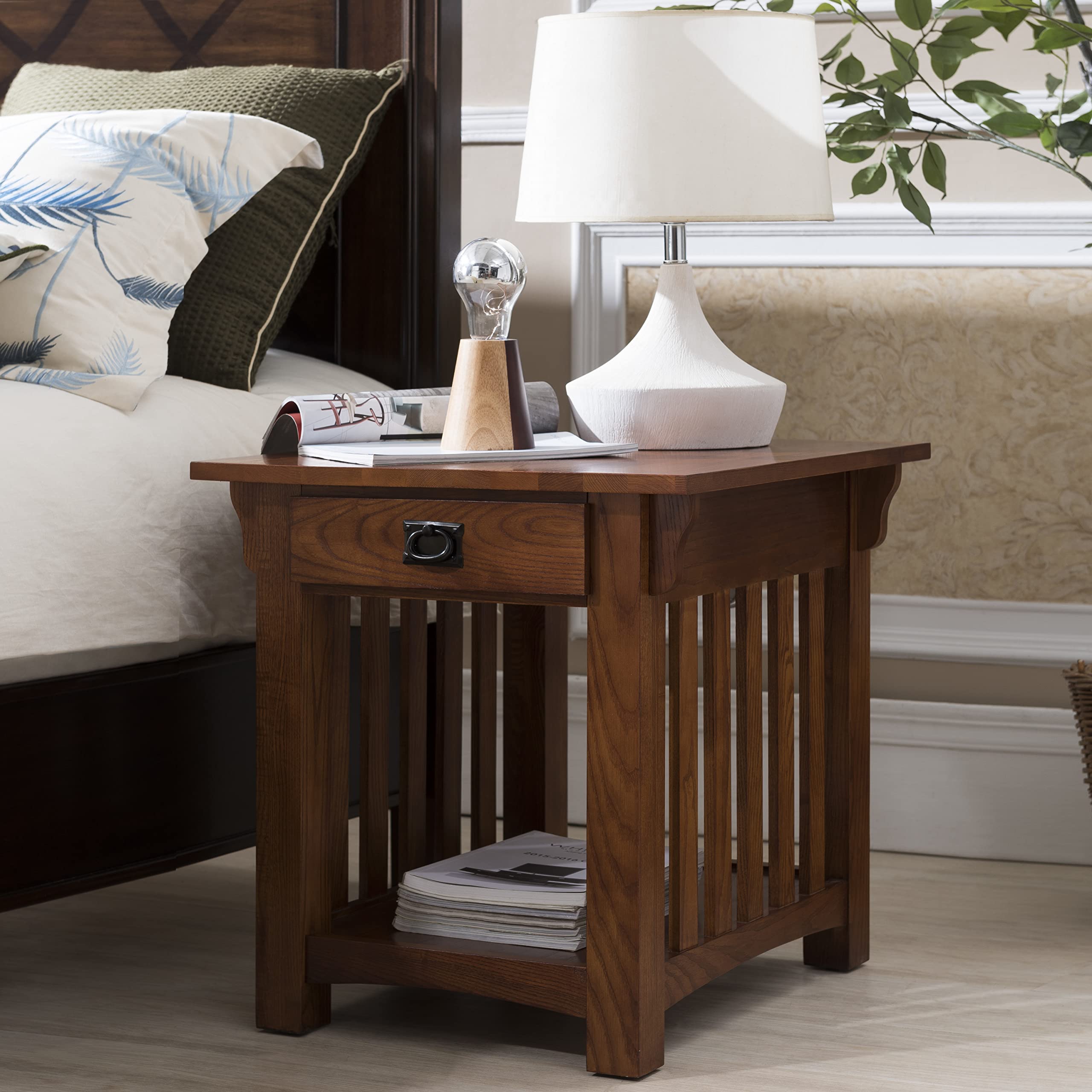 Mission End Table, Solid Wood with Drawer & Bottom Shelf, Slatted Sides, Easy Assembly, Medium Oak, 25"W x 22"L x 23"H, Model 8207