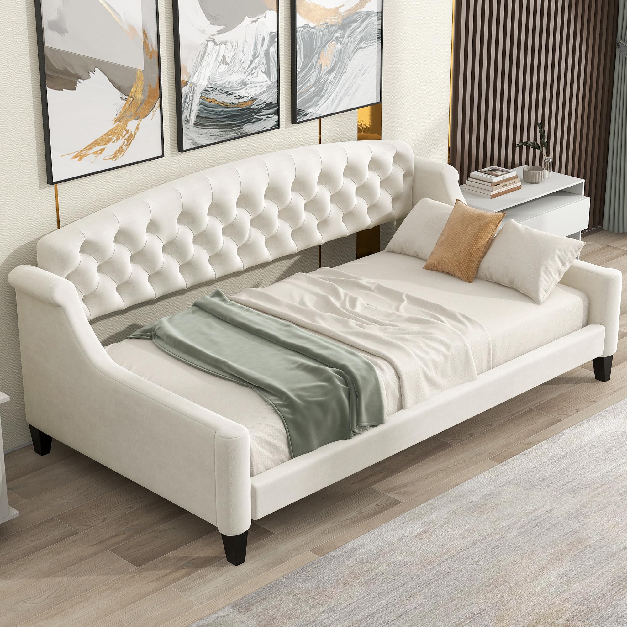 Twin Size Upholstered Daybed, Luxury Tufted Button Sofa Bed Frame for Bedroom & Living Room, Elegant Twin Daybed, Beige