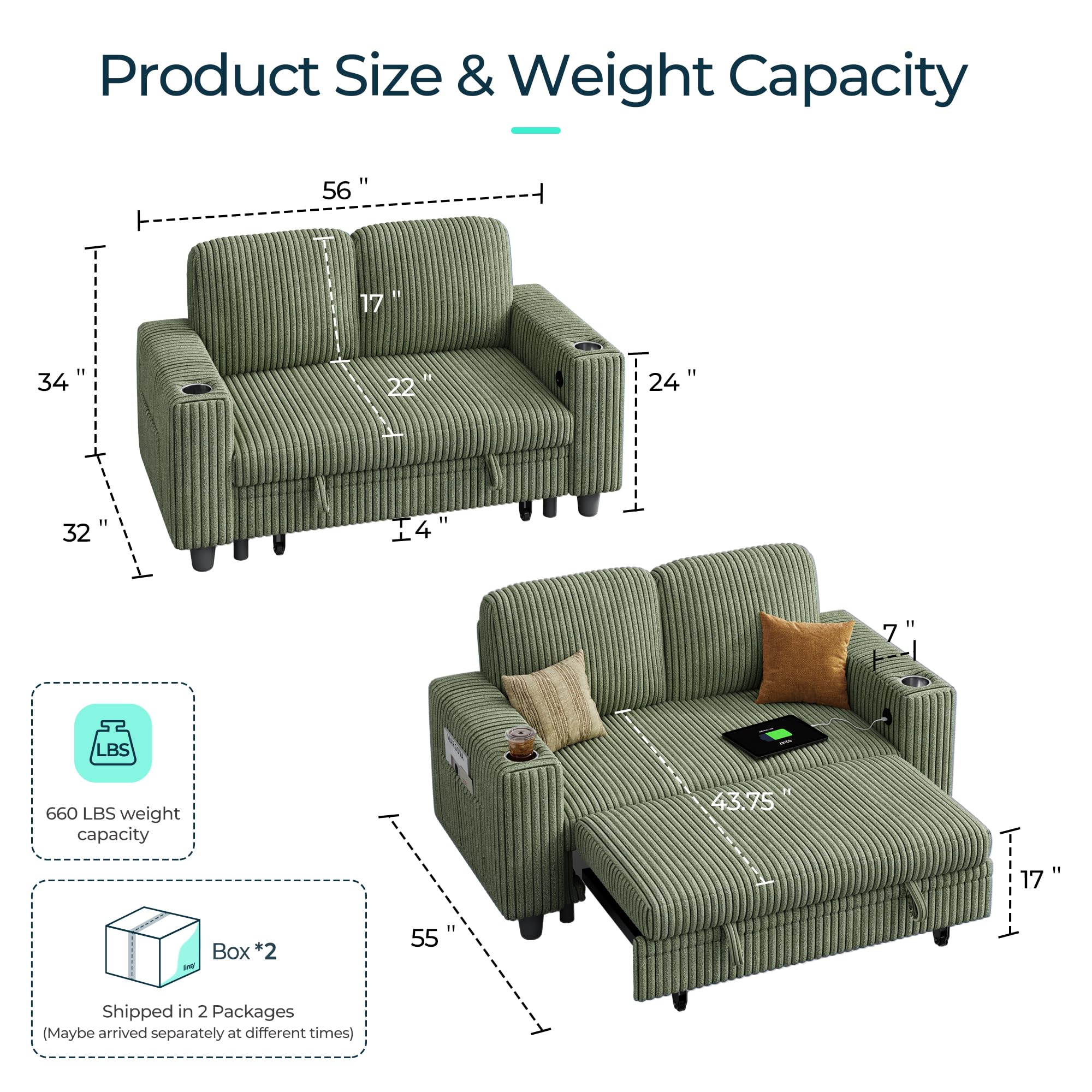 2-in-1 Loveseat Sofa with Pull-Out Chaise, USB Charging & Cup Holders, Plush Corduroy Convertible 2-Seater for Small Spaces, Green