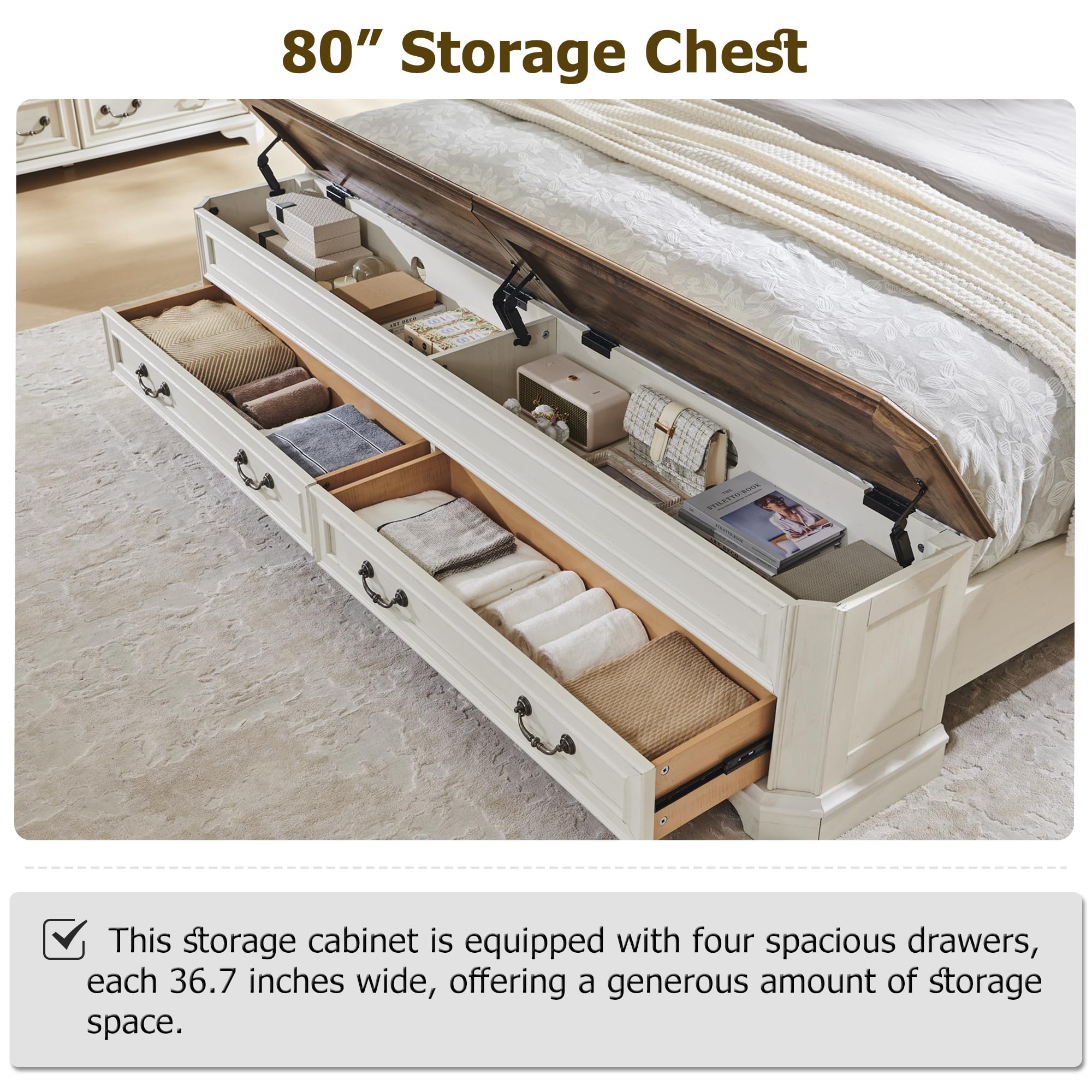 Farmhouse King Bed Frame with Headboard & 4-Drawer Storage Bench, Rustic Wood Platform Bed with 80" Chest, Antique White