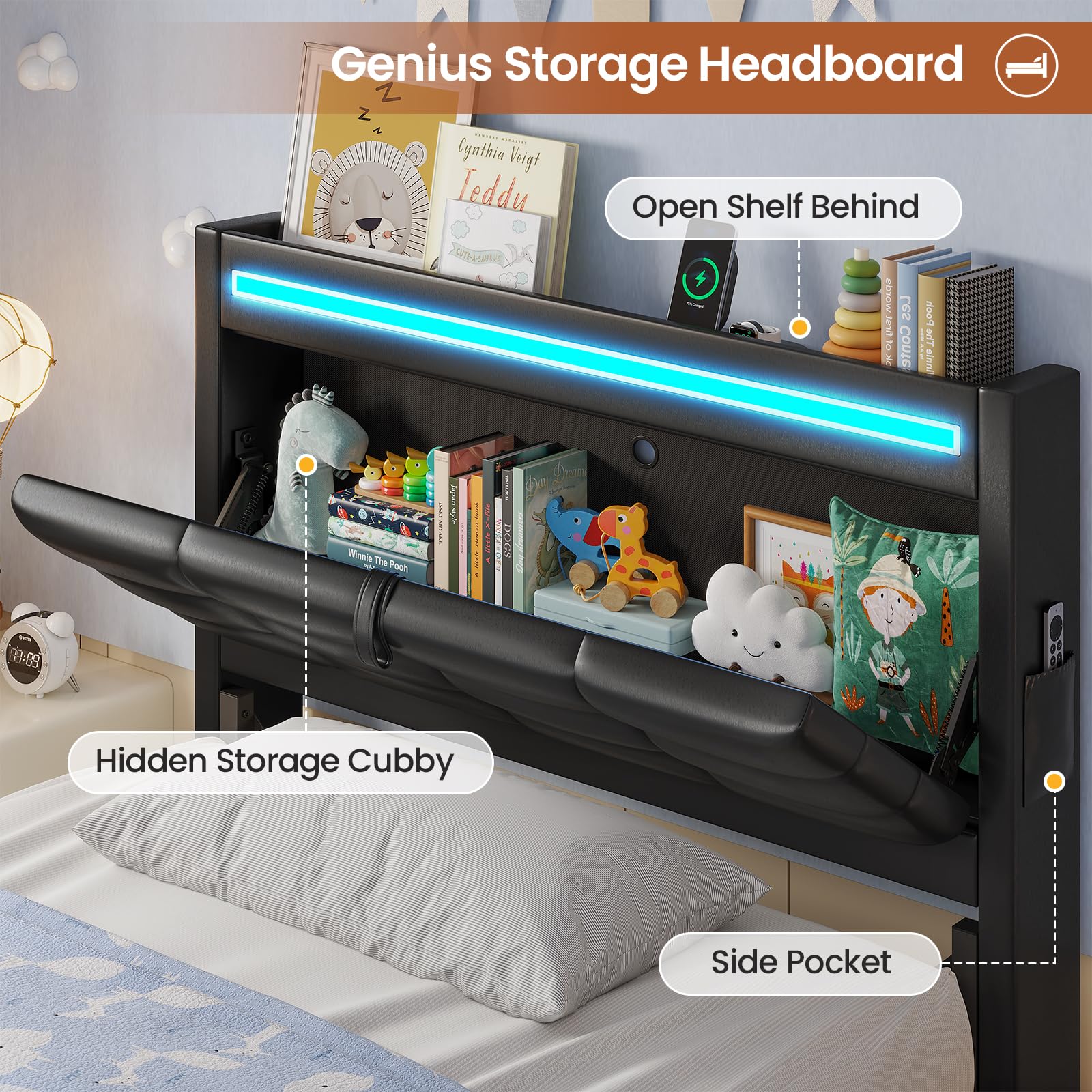 Twin Upholstered Bed Frame with LED Headboard, 4 Storage Drawers, Charging Station, PU Leather Platform Bed for Kids – Black