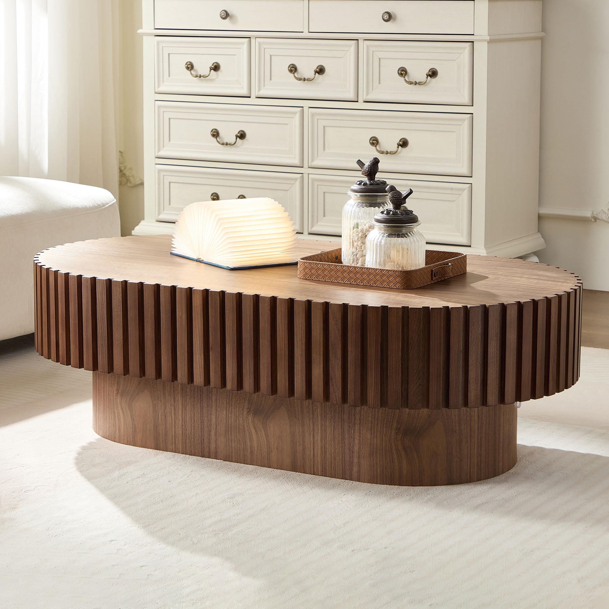 Oval Coffee Table for Living Room Fluted Coffee Table with Pedestal Modern Handcrafted Centre Table Tea Table Easy Assembly 43.7" Walnut