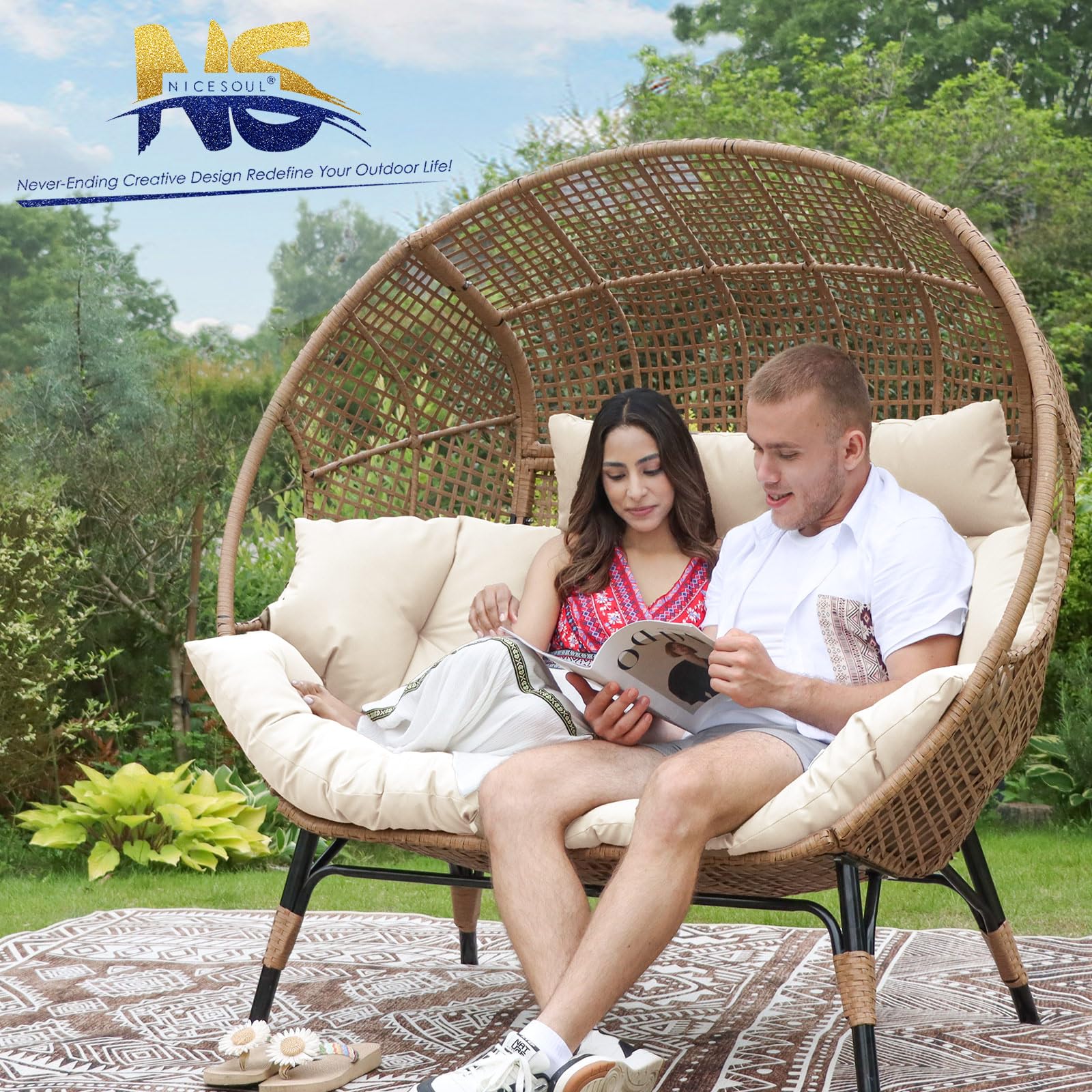 Double Egg Chair for Indoor/Outdoor, 2-Person Oversized Loveseat with Thick Cushions & Cover, 680 lbs Patio Lounge Chair, Beige