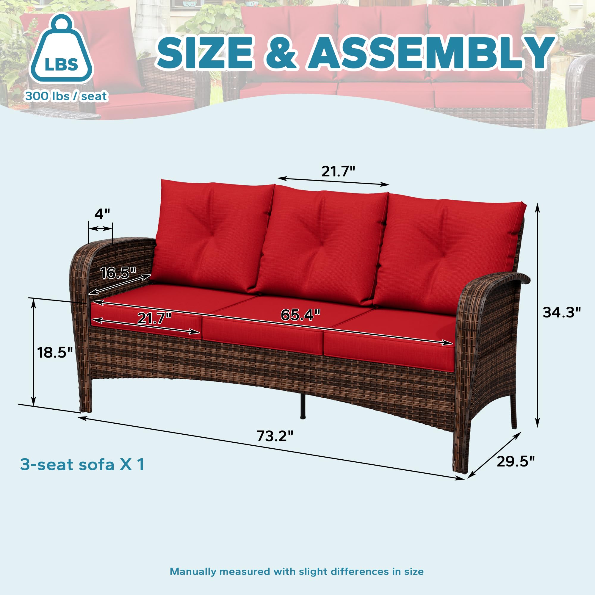 73" Patio 3-Seat Sofa, Wicker Rattan Couch with Steel Frame & Removable Cushions, Outdoor Loveseat for Garden, Porch, Apartment, Red