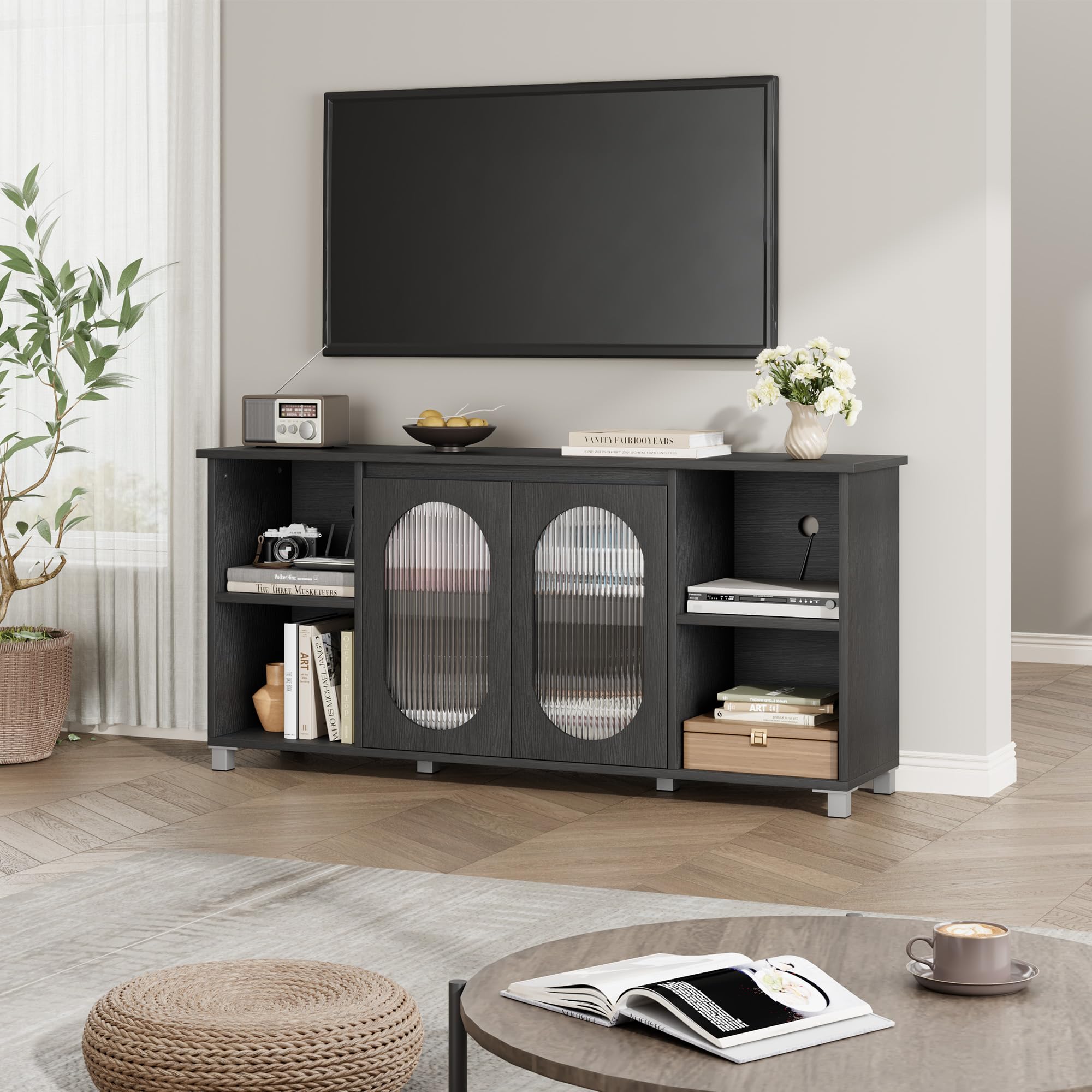 70-Inch TV Stand, Rustic Entertainment Center with Corrugated Glass Cabinet Doors, Media Console with Open Shelves for Living Room, Black