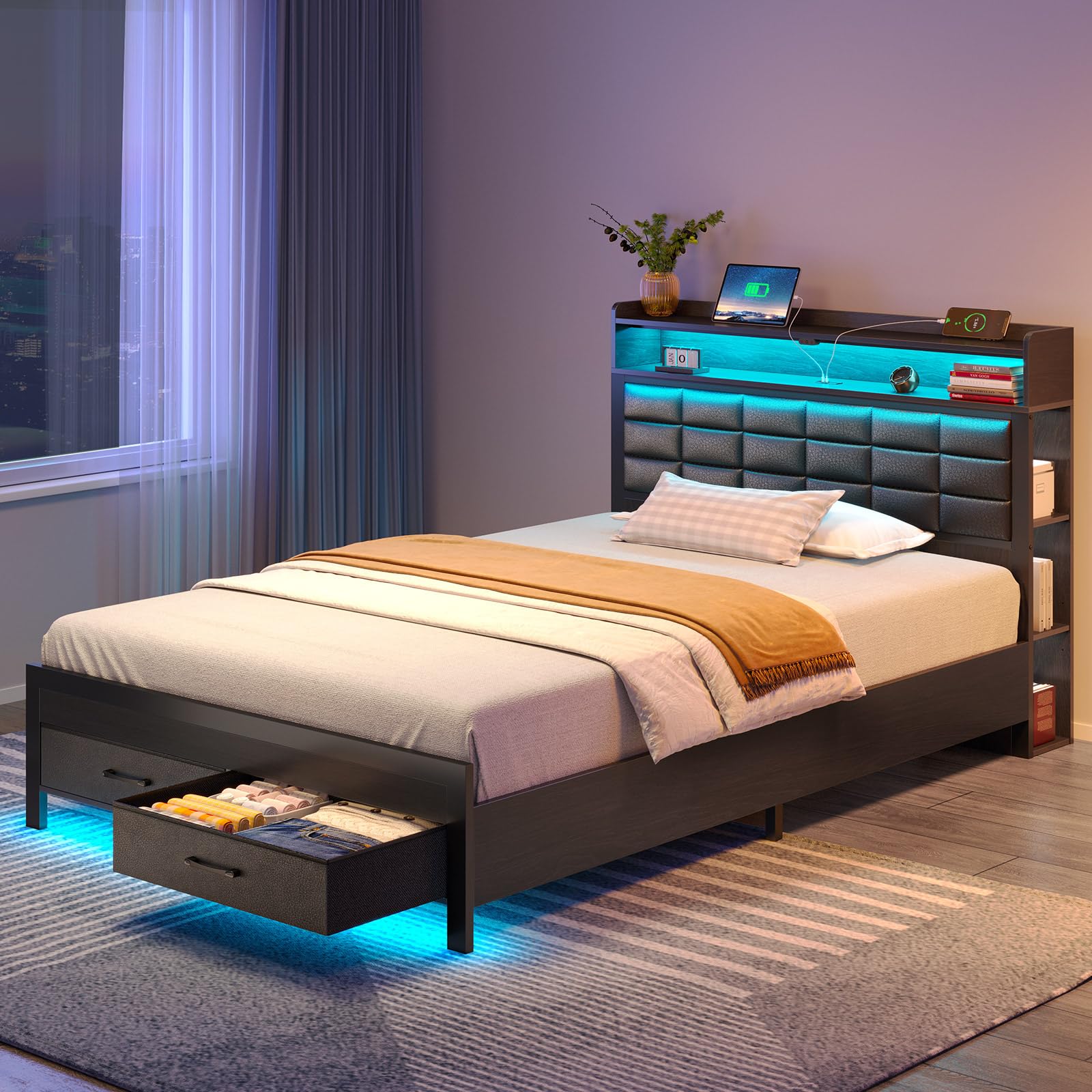 Twin Upholstered Platform Bed Frame with LED Light, Charging Station, Storage Headboard & 2 Drawers, No Box Spring Needed – Black