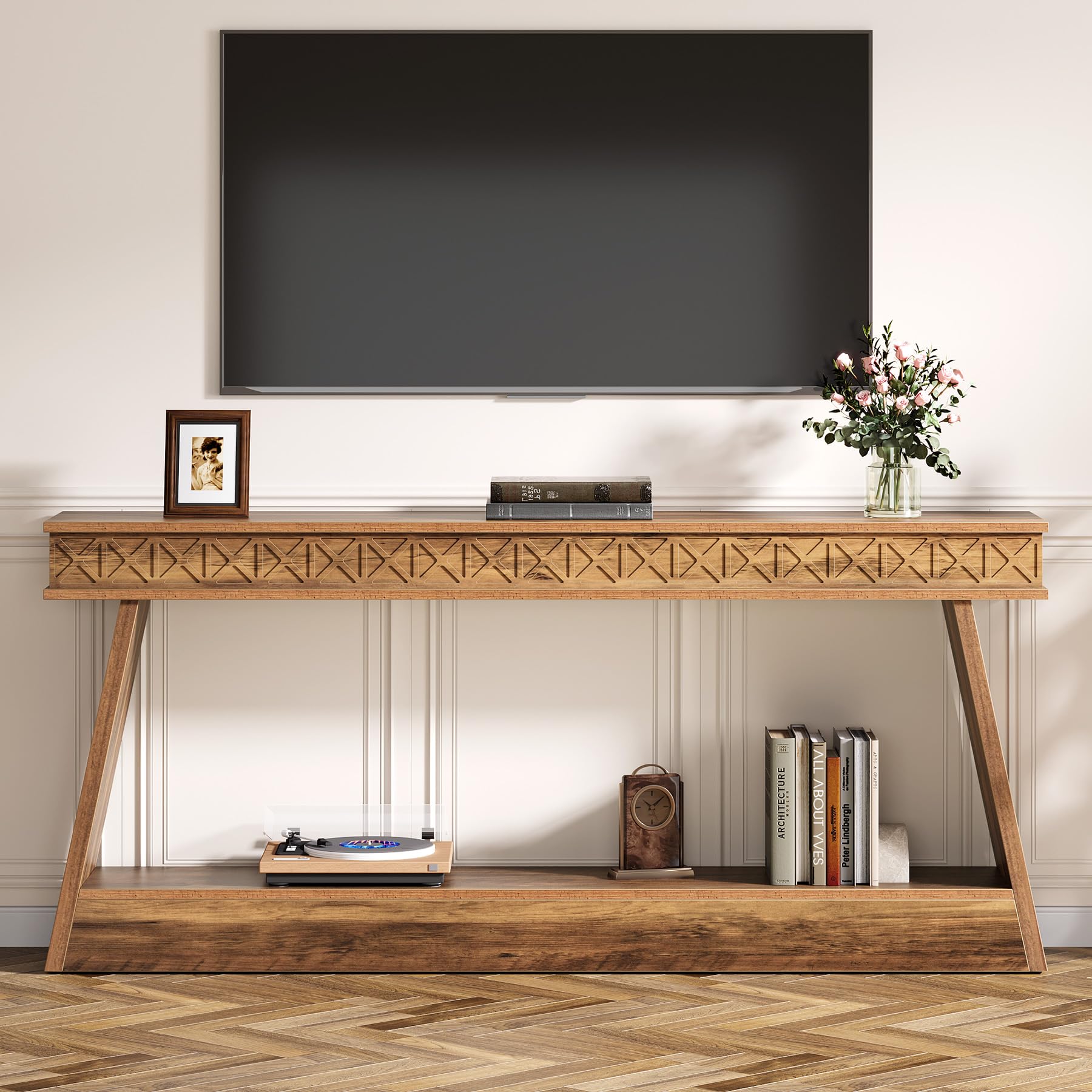 71" Farmhouse Console Table, Extra Long 2-Tier Entryway Table with Storage, Narrow Sofa Table for Living Room, Hallway, Foyer, Rustic Brown