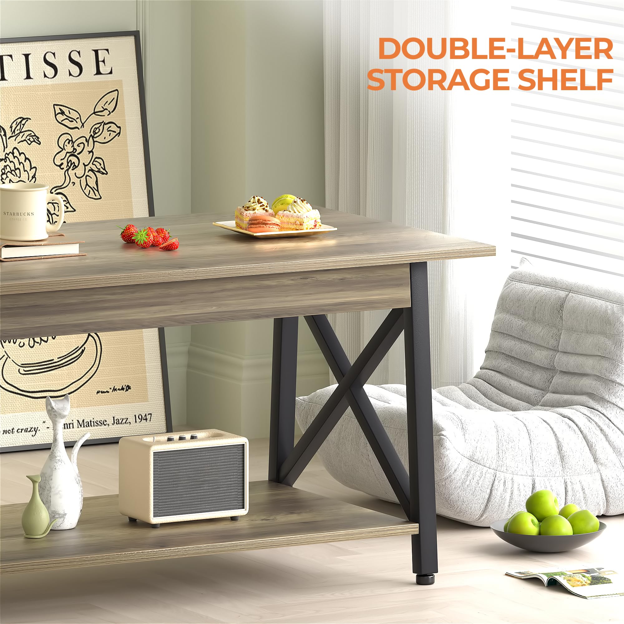39" Coffee Table with Storage, Modern 2-Tier X-Frame Farmhouse Table for Living Room, Space-Saving, Easy Assembly, Grey Wash