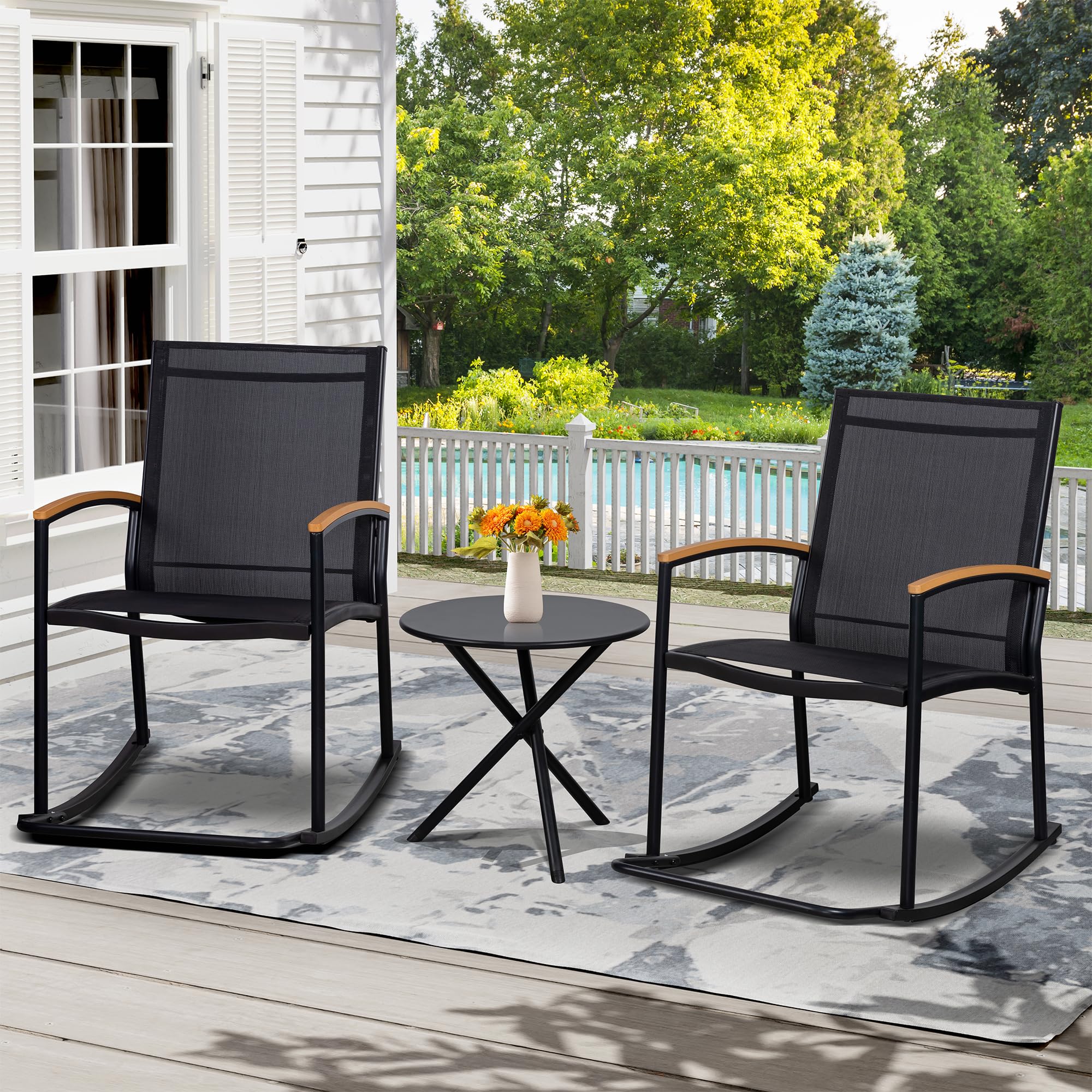 3 Piece Outdoor Rocking Bistro Set, Textilene Fabric Patio Furniture with Table, Porch Rocker Chairs for Lawn, Garden, Balcony, Black