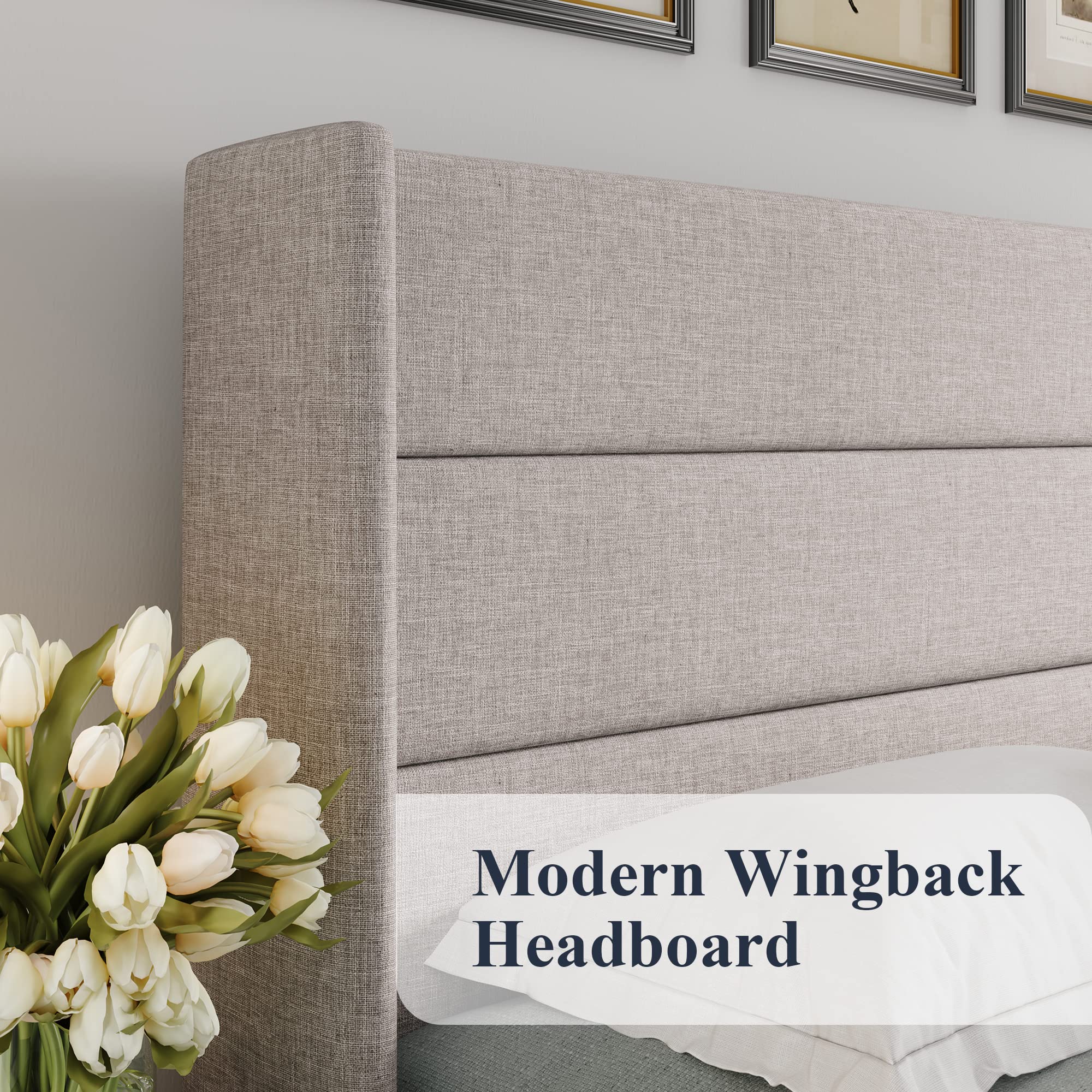 Queen Size Lift Up Storage Bed, Modern Wingback Headboard, Hydraulic Support, No Box Spring Needed, Light Beige