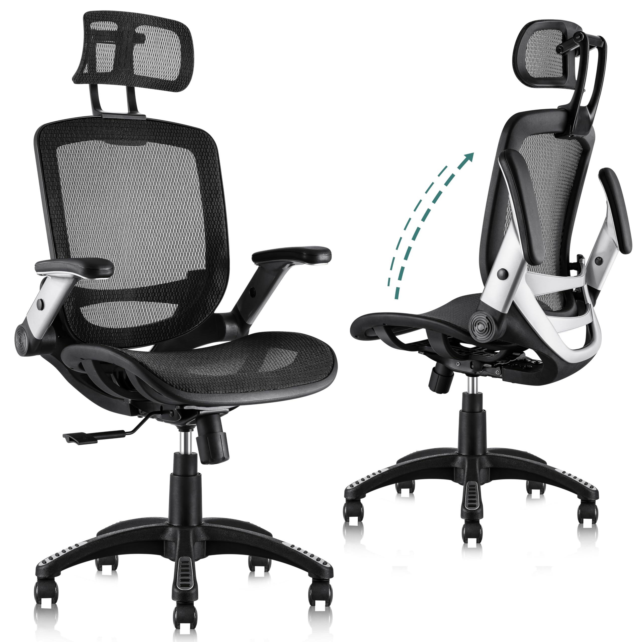 Ergonomic Office Chair, High Back Desk Chair with Headrest, Flip-Up Arms, Tilt Lock, Wide Cushion, Big & Tall Mesh Task Chair, Black