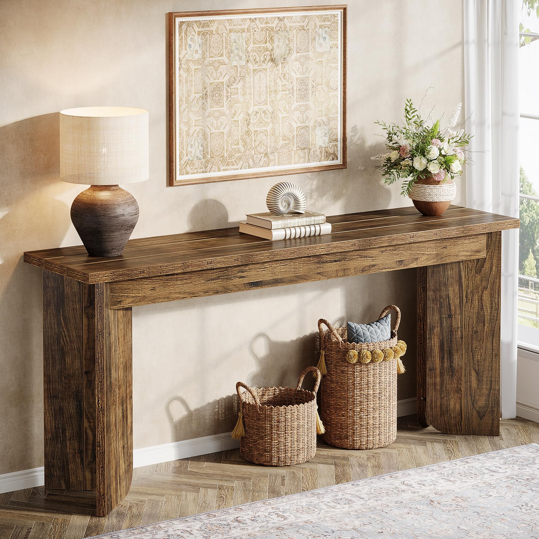 70.9" Farmhouse Console Table, Extra Long Wood Sofa Table with Widened Top & Double Pedestal Base for Living Room, Hallway, Foyer, Rustic Brown