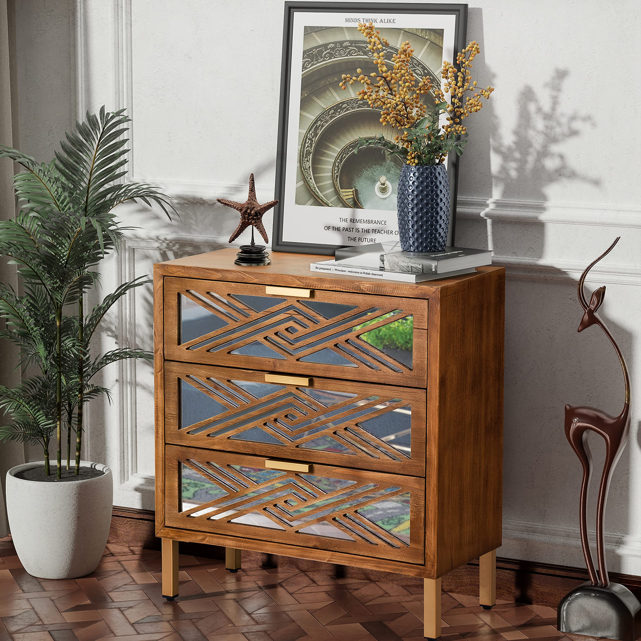 3-Drawer Accent Dresser with Mirror Fronts, Modern Farmhouse Accent Chest Clean-Lined Silhouette